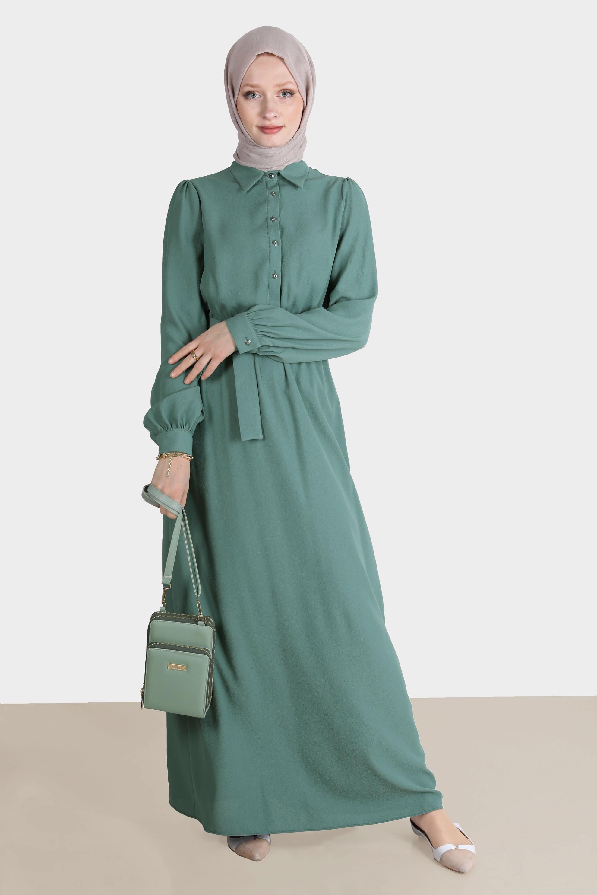 Tesettür giyim YEŞİL DÜĞMELİ ELBİSE 42554 