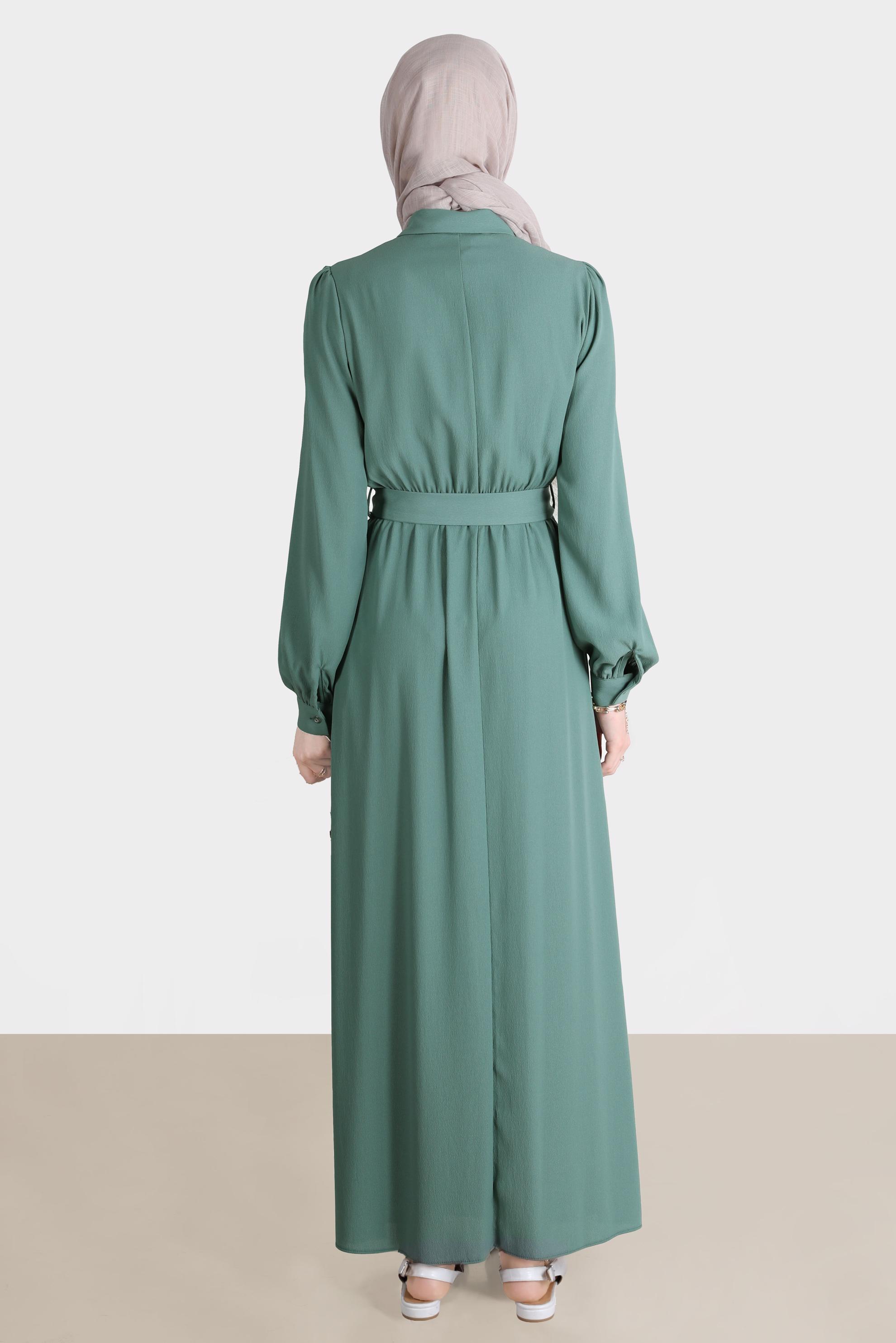 Tesettür giyim YEŞİL DÜĞMELİ ELBİSE 42554 