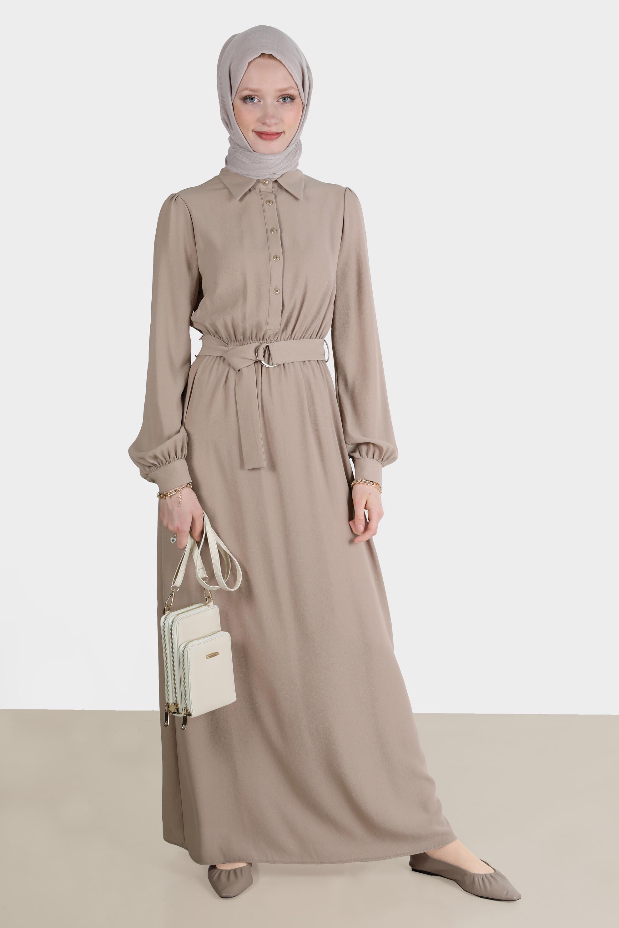 Tesettür giyim VİZON DÜĞMELİ ELBİSE 42554 