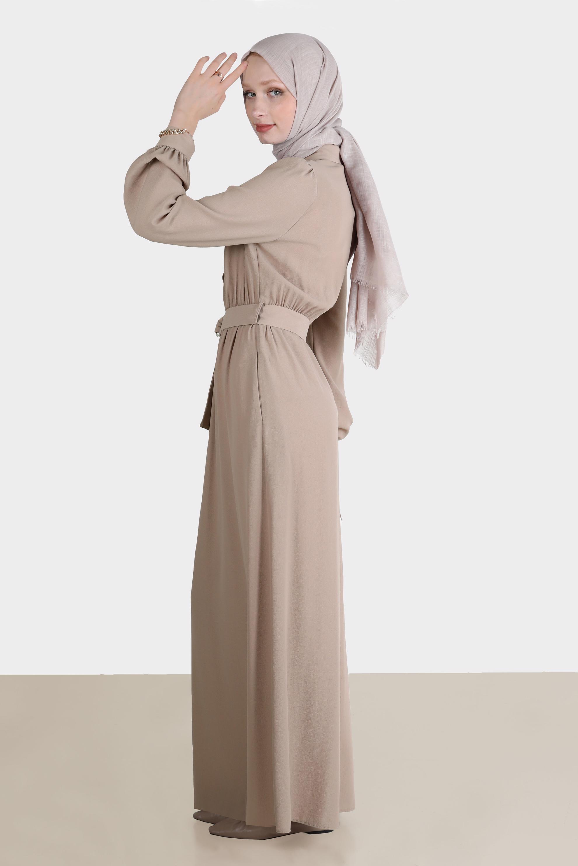 Tesettür giyim VİZON DÜĞMELİ ELBİSE 42554 