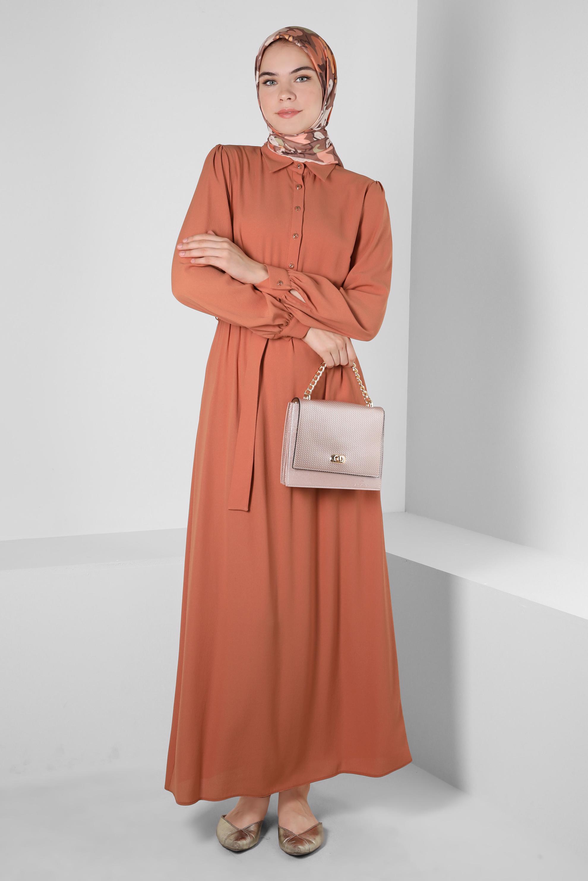 Tesettür giyim TURUNCU DÜĞMELİ ELBİSE 42554 