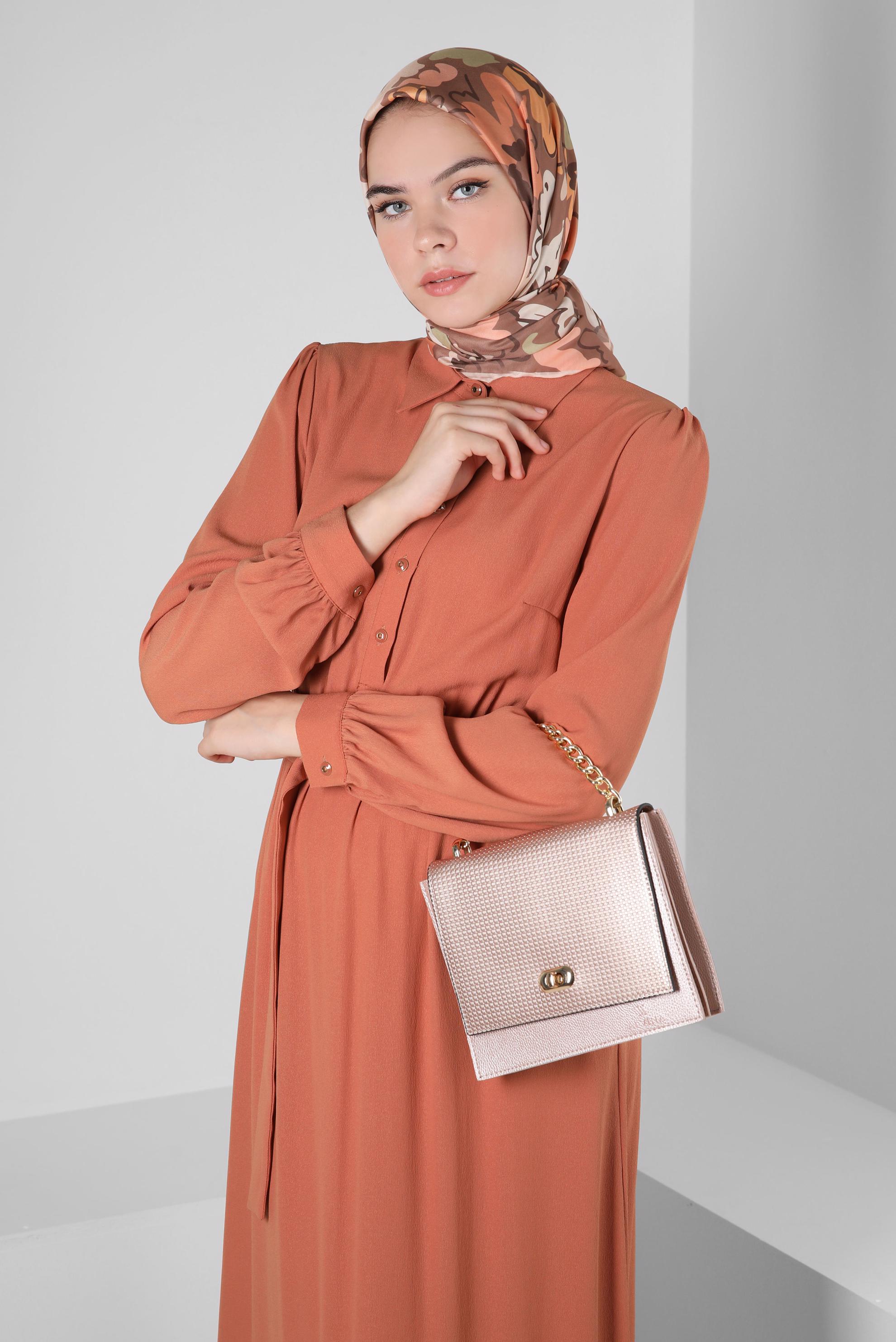 Tesettür giyim TURUNCU DÜĞMELİ ELBİSE 42554 