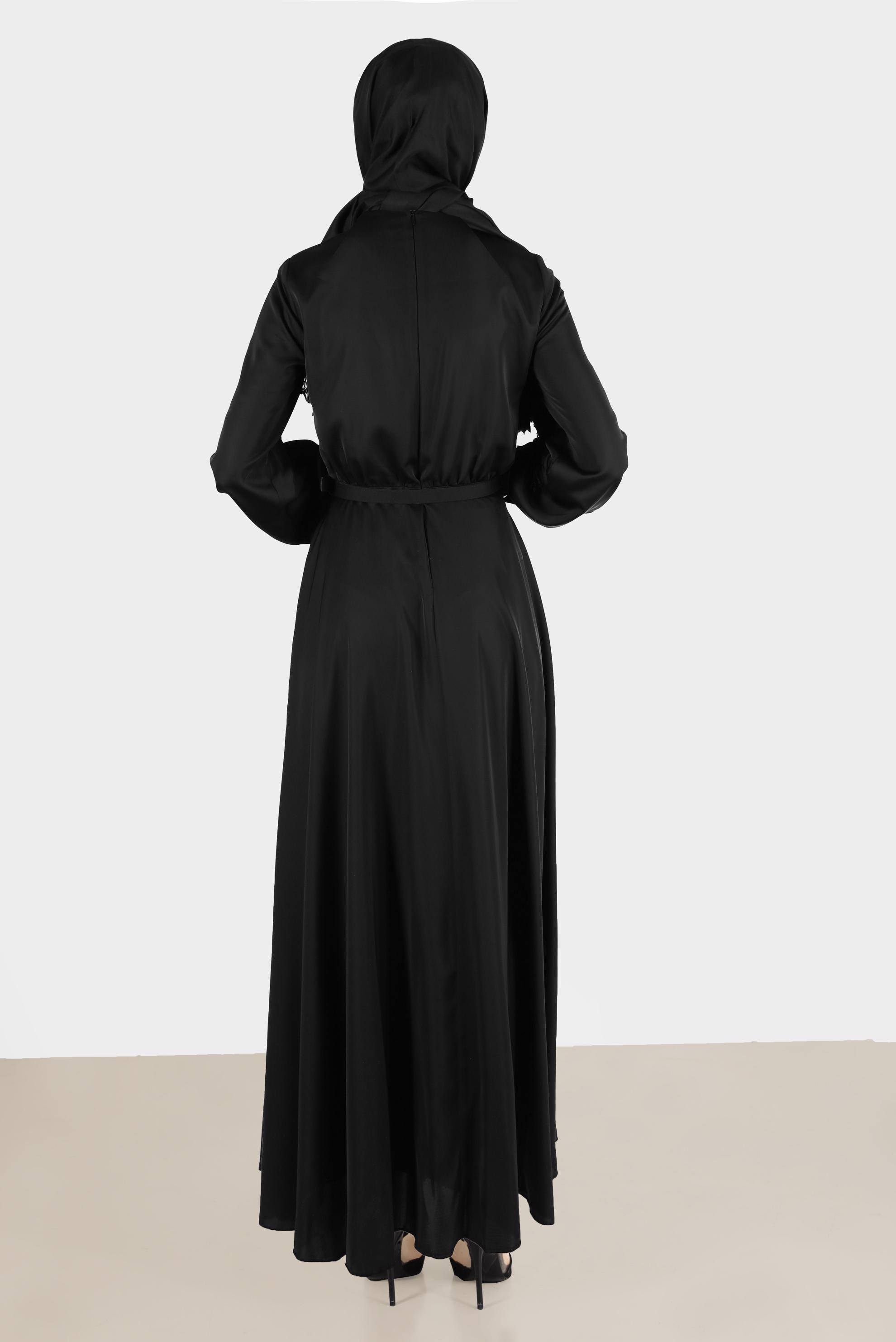 Tesettür giyim SİYAH TAŞLI FİYONK DETAYLI ELBİSE 42555 