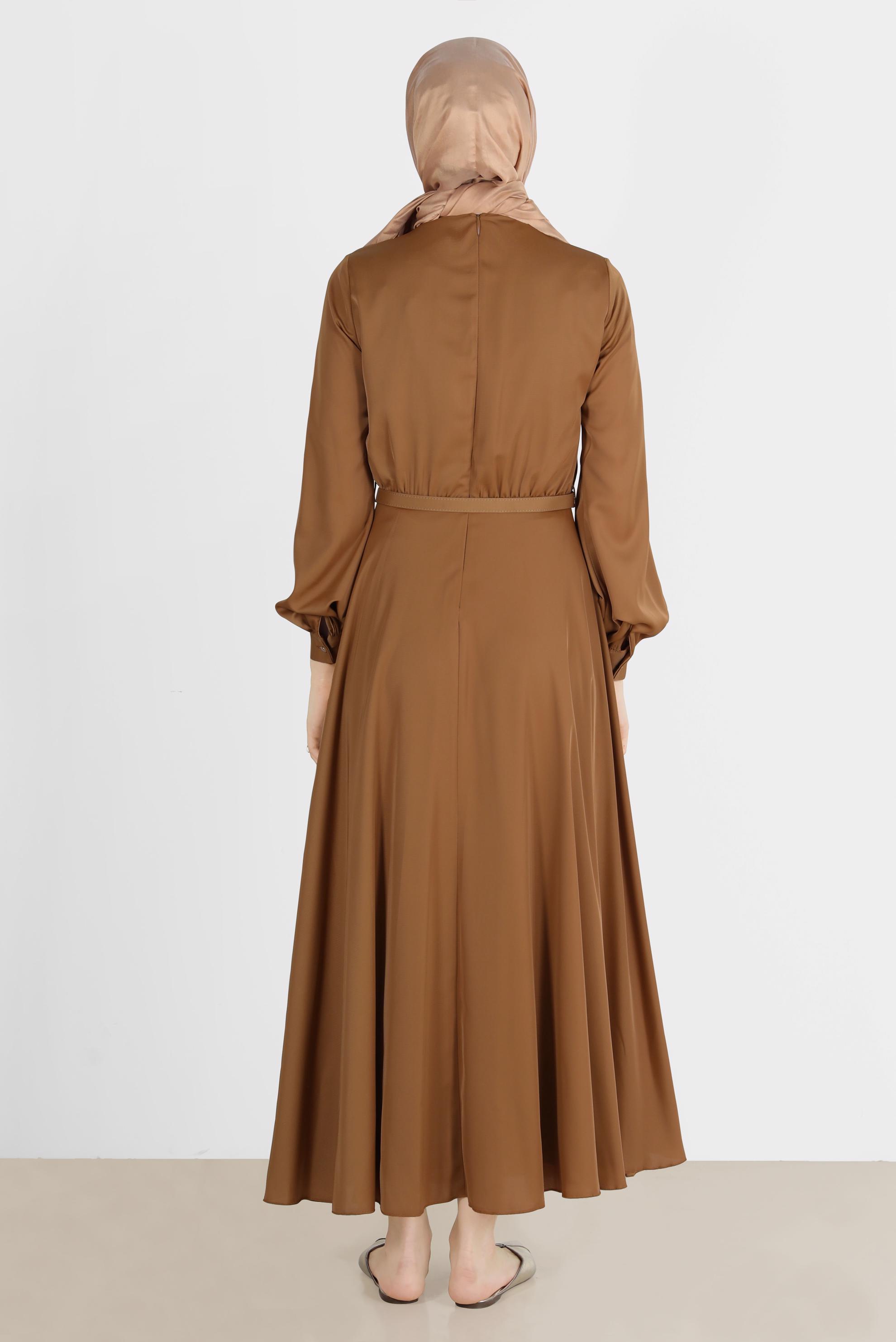 Tesettür giyim SARI TAŞLI FİYONK DETAYLI ELBİSE 42555 