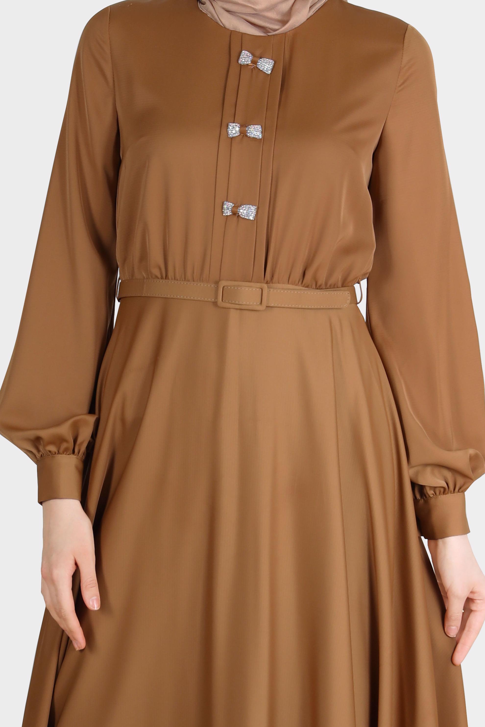 Tesettür giyim SARI TAŞLI FİYONK DETAYLI ELBİSE 42555 