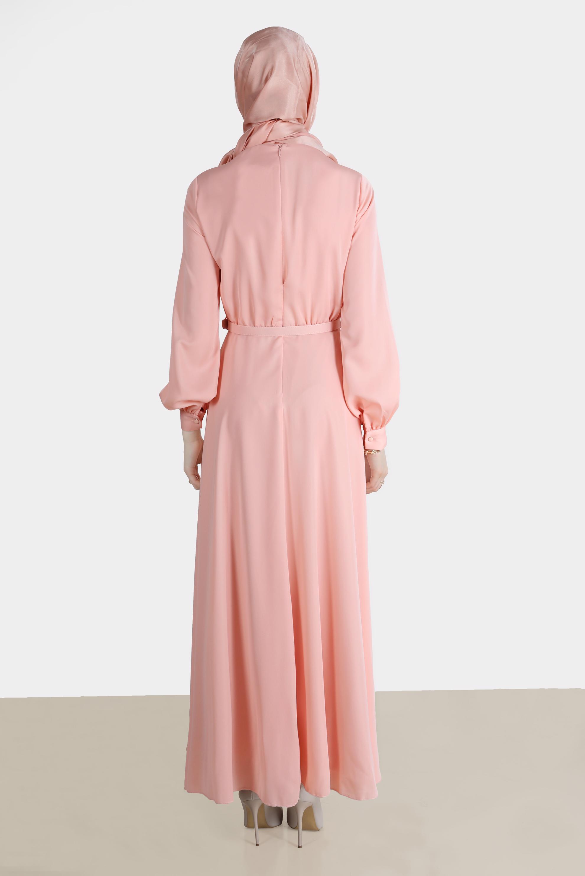 Tesettür giyim PUDRA TAŞLI FİYONK DETAYLI ELBİSE 42555 