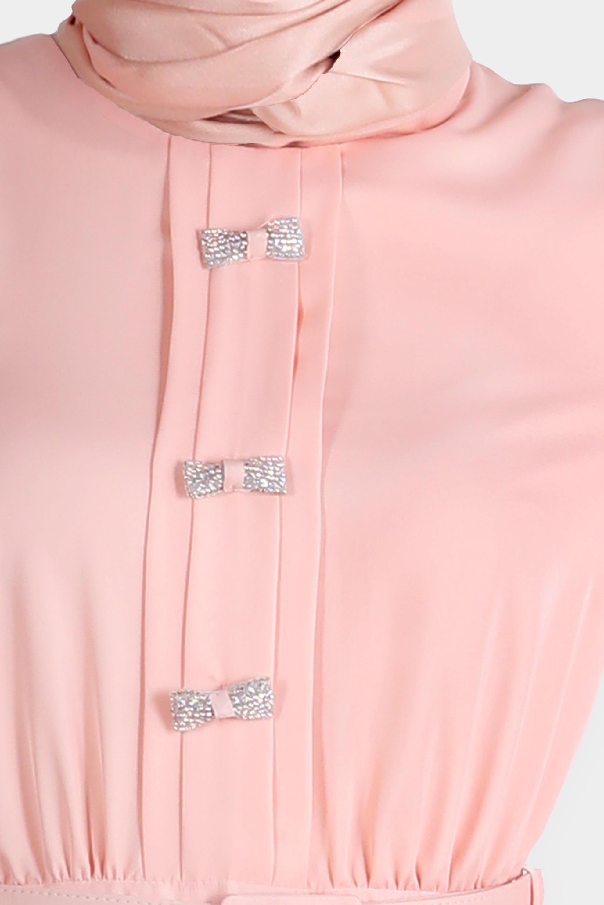 Tesettür giyim PUDRA TAŞLI FİYONK DETAYLI ELBİSE 42555 