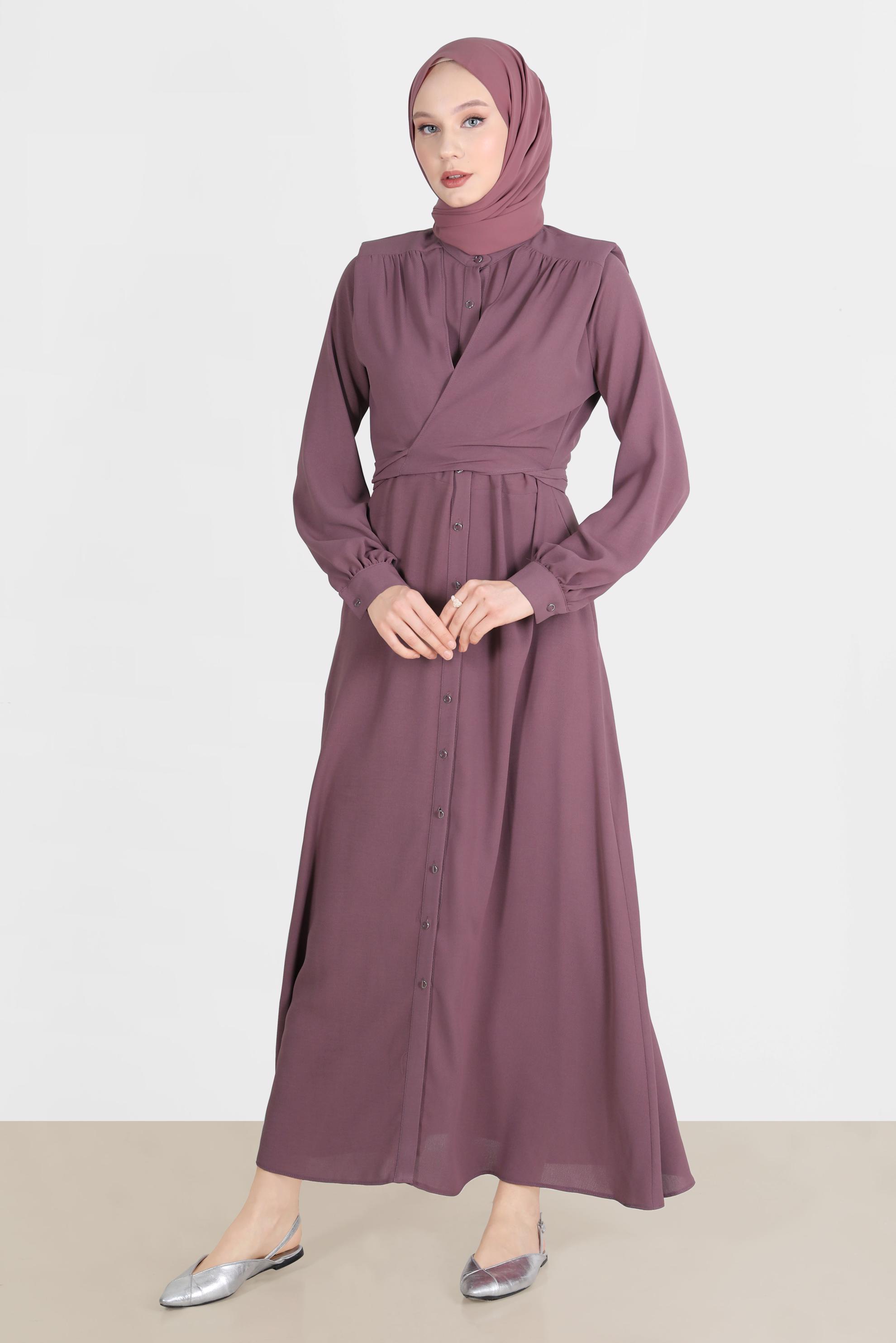 Tesettür giyim MOR BOYDAN DÜĞMELİ BAĞLAMA DETAYLI ELBİSE 42566 