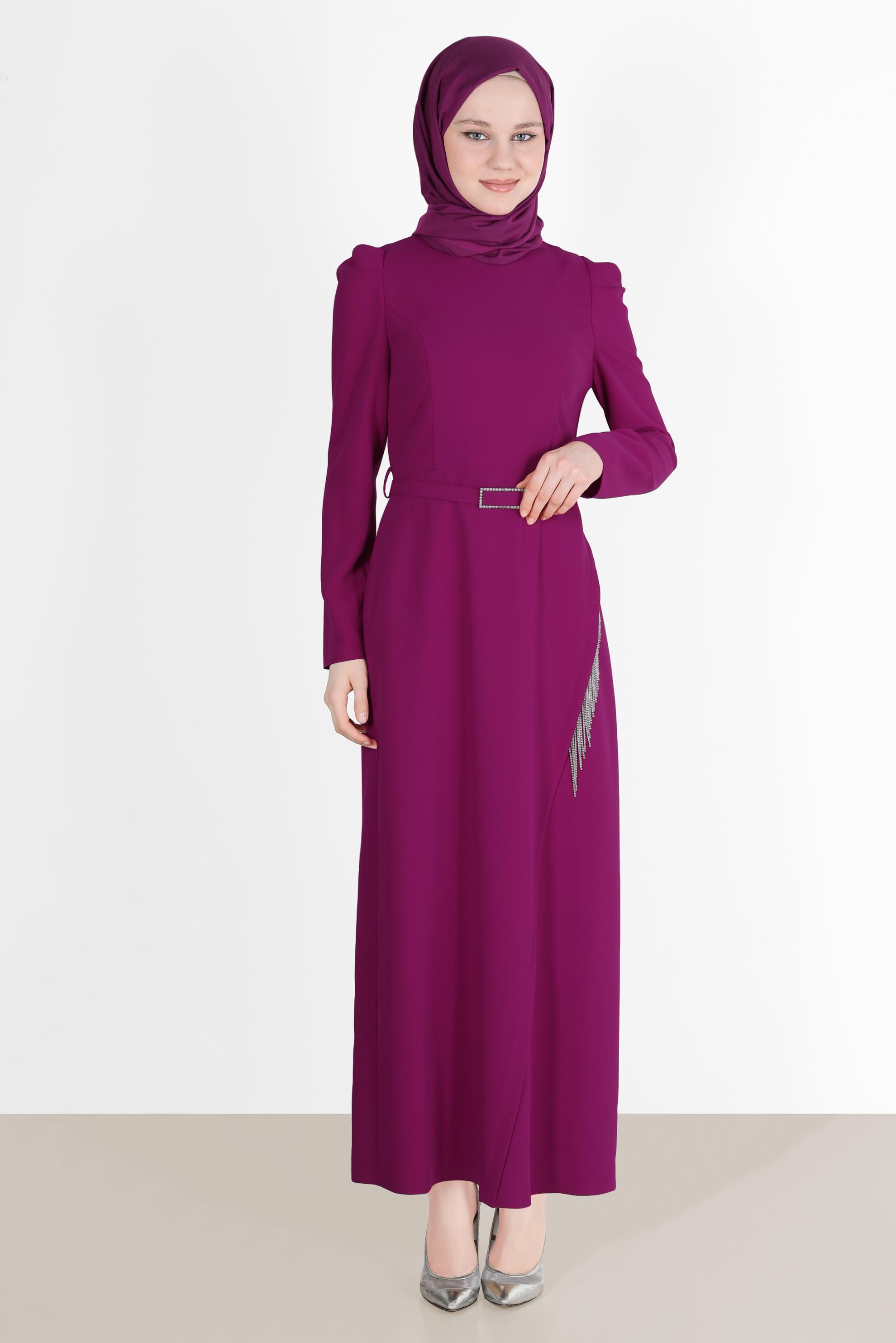 Tesettür giyim FUŞYA KEMERLİ PÜSKÜL DETAYLI ELBİSE 42568 