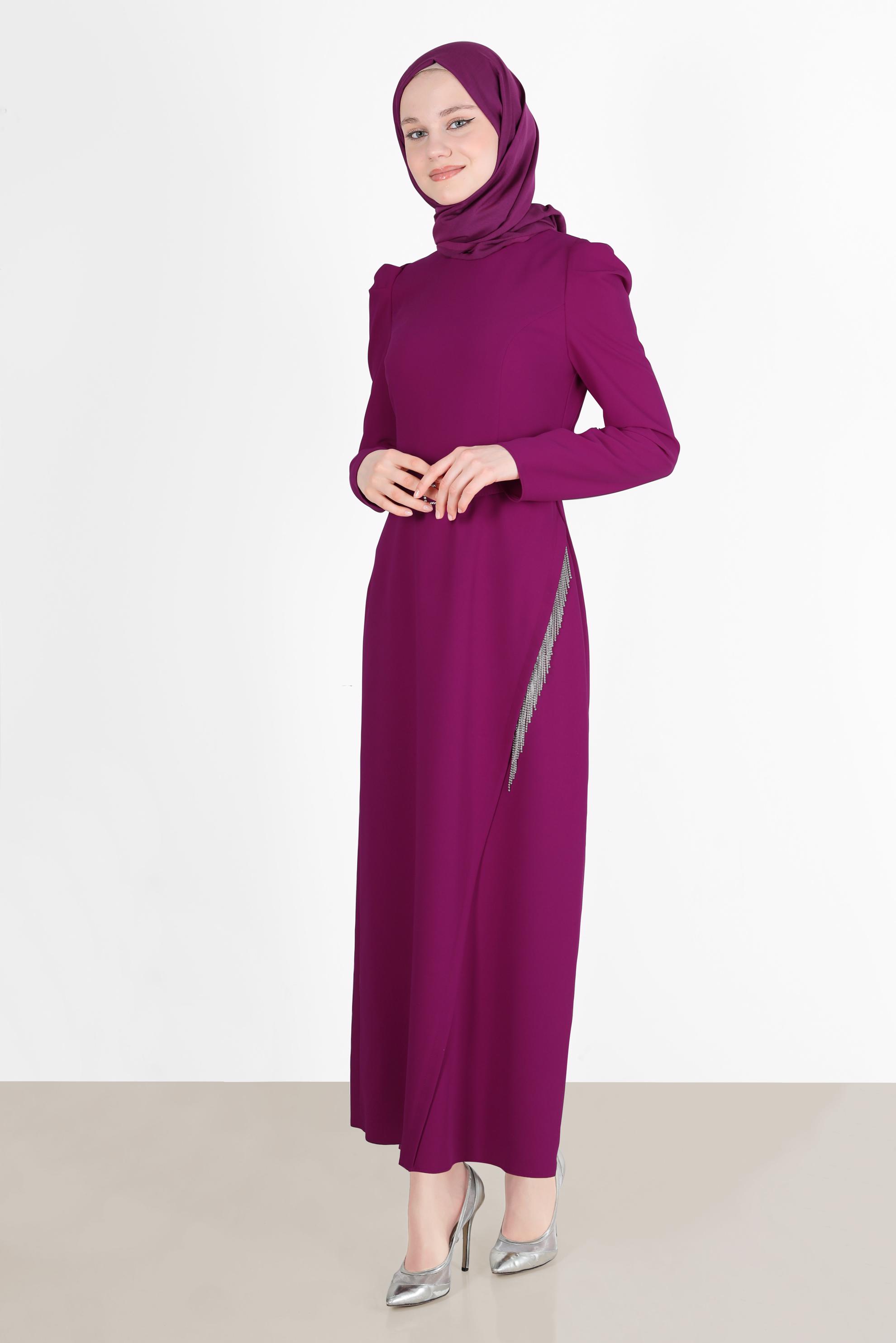 Tesettür giyim FUŞYA KEMERLİ PÜSKÜL DETAYLI ELBİSE 42568 