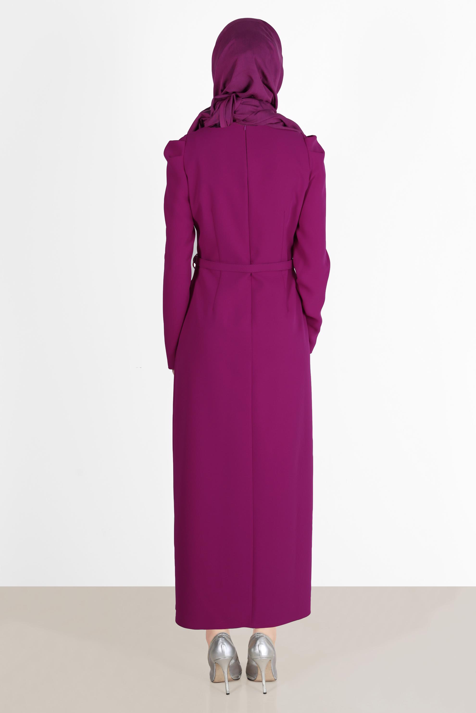 Tesettür giyim FUŞYA KEMERLİ PÜSKÜL DETAYLI ELBİSE 42568 