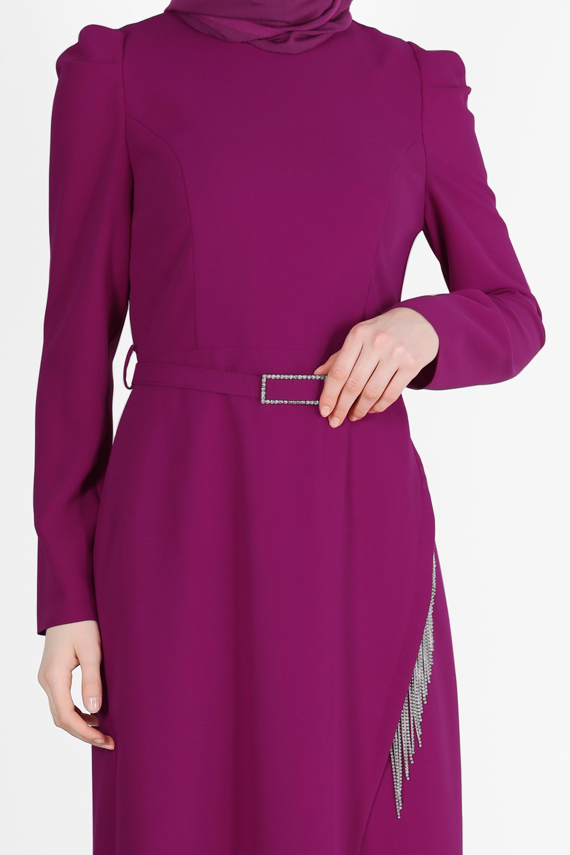 Tesettür giyim FUŞYA KEMERLİ PÜSKÜL DETAYLI ELBİSE 42568 