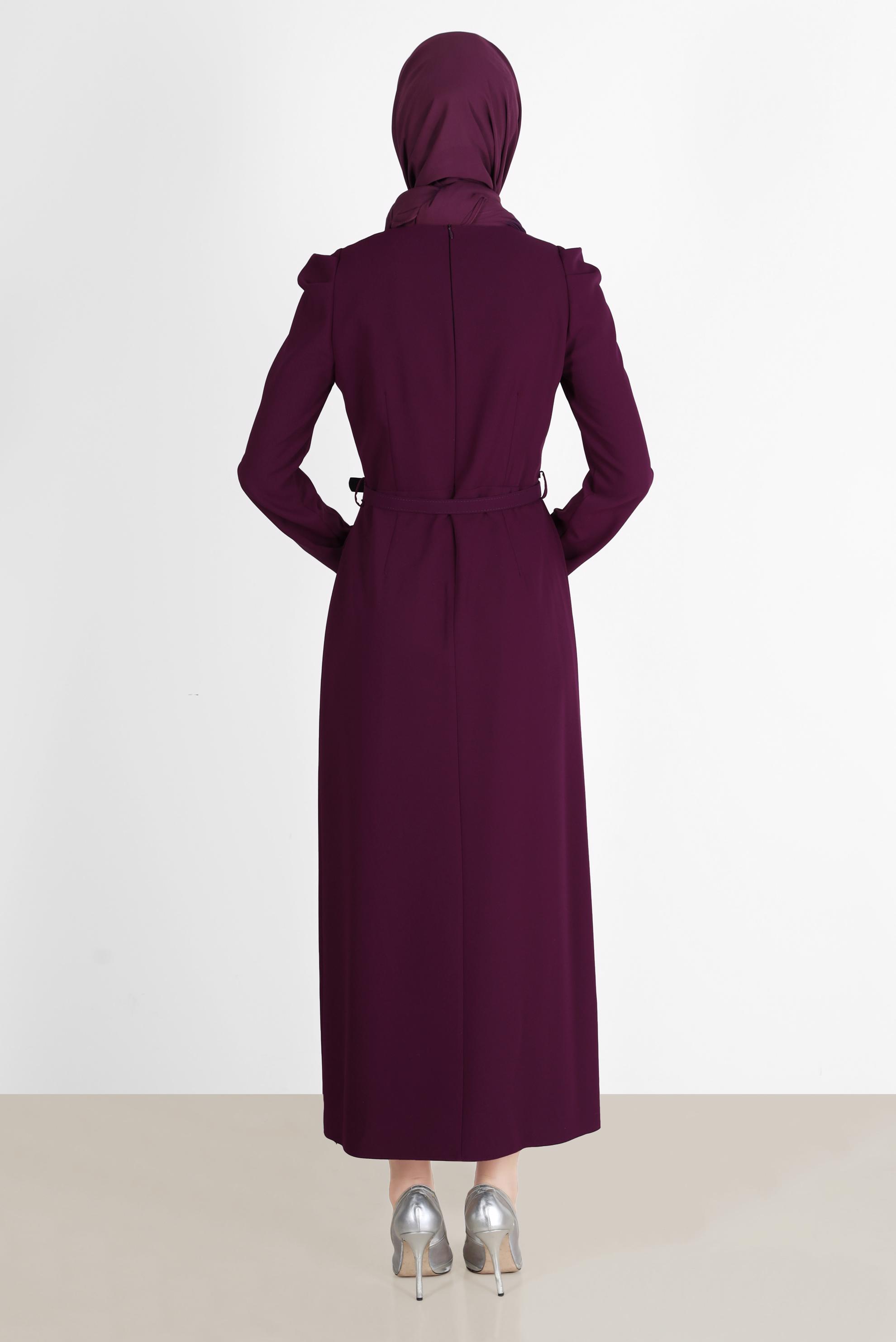 Tesettür giyim BORDO KEMERLİ PÜSKÜL DETAYLI ELBİSE 42568 