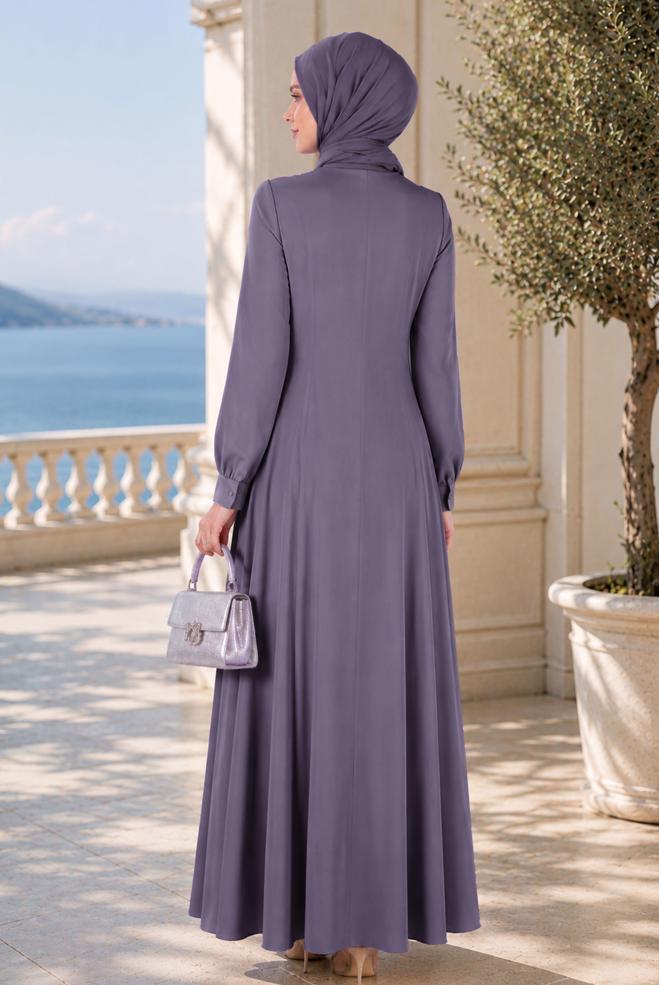 Vêtements hijab POURPRE ROBE EN SATIN DÉTAIL GEMME 42569 - ALVİNA