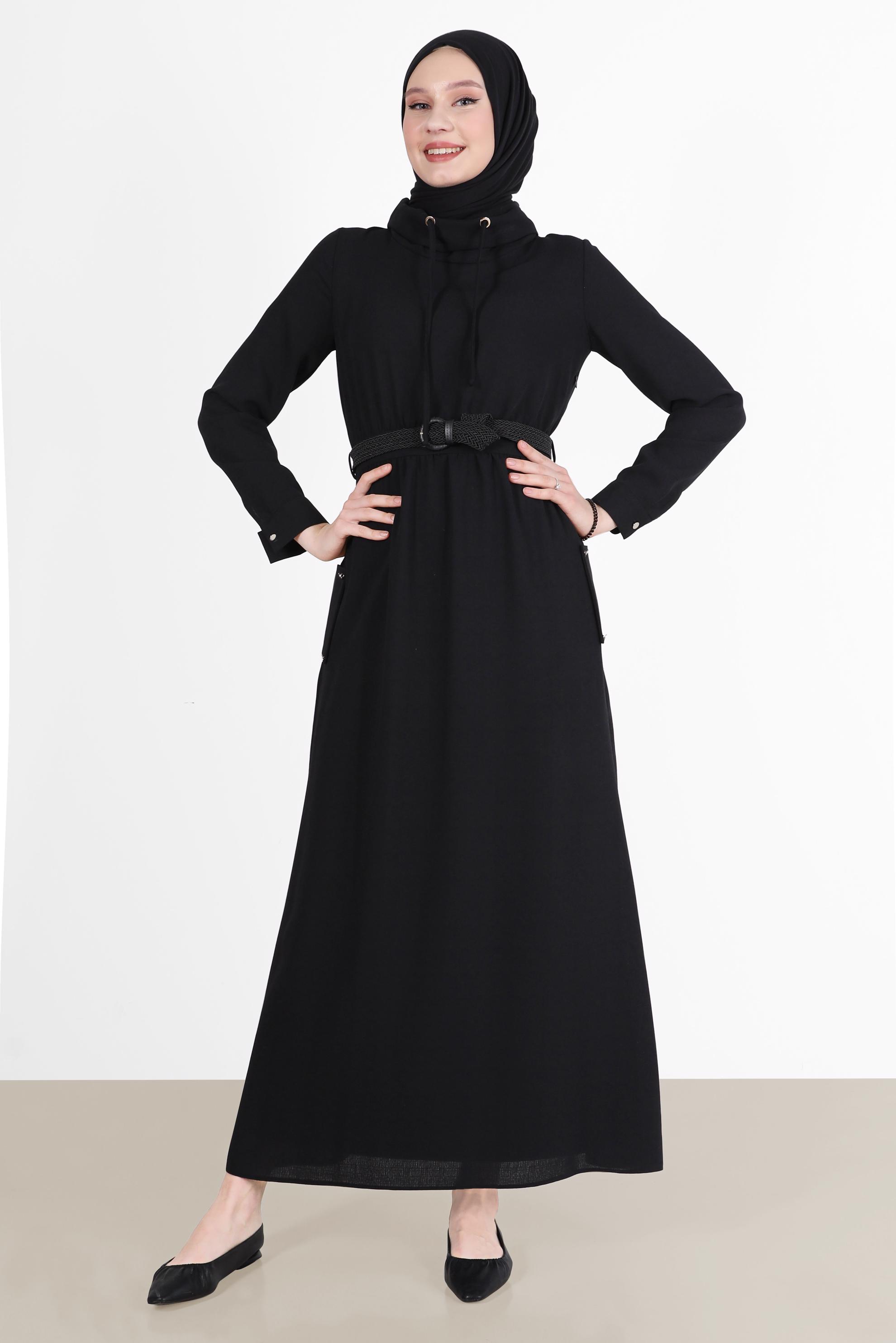 Tesettür giyim SİYAH KEMERLİ CEPLİ ELBİSE 42590