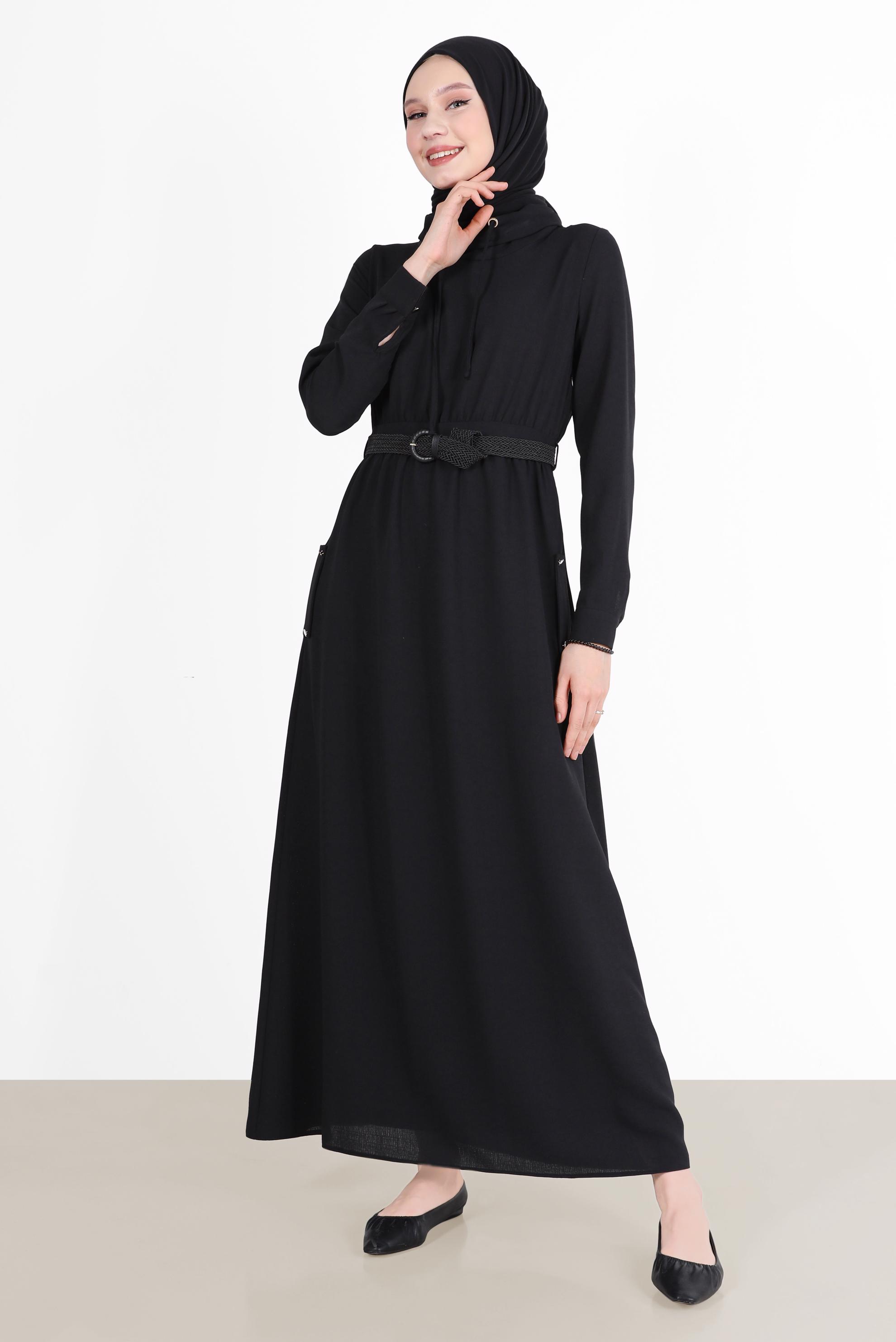 Tesettür giyim SİYAH KEMERLİ CEPLİ ELBİSE 42590