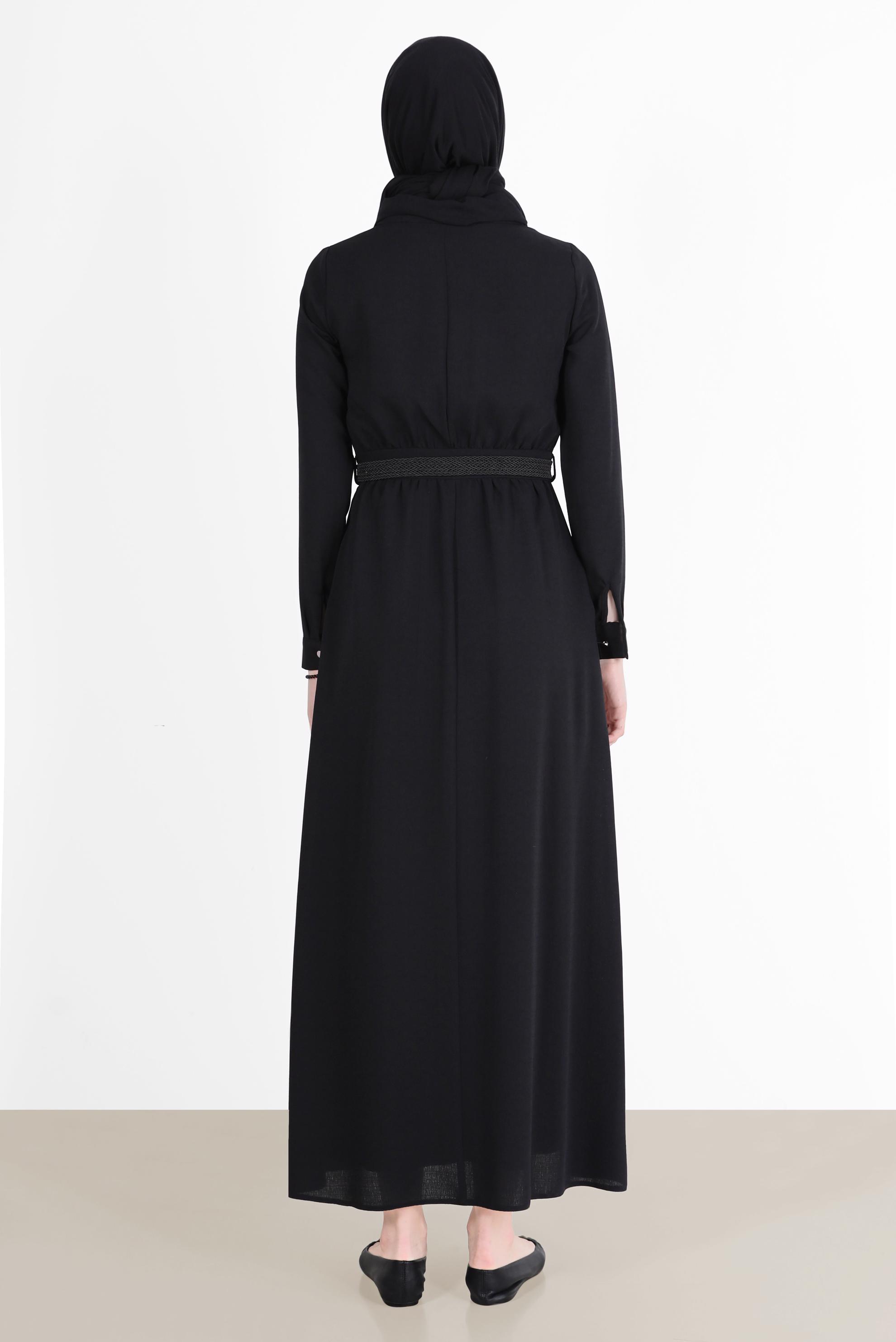 Tesettür giyim SİYAH KEMERLİ CEPLİ ELBİSE 42590