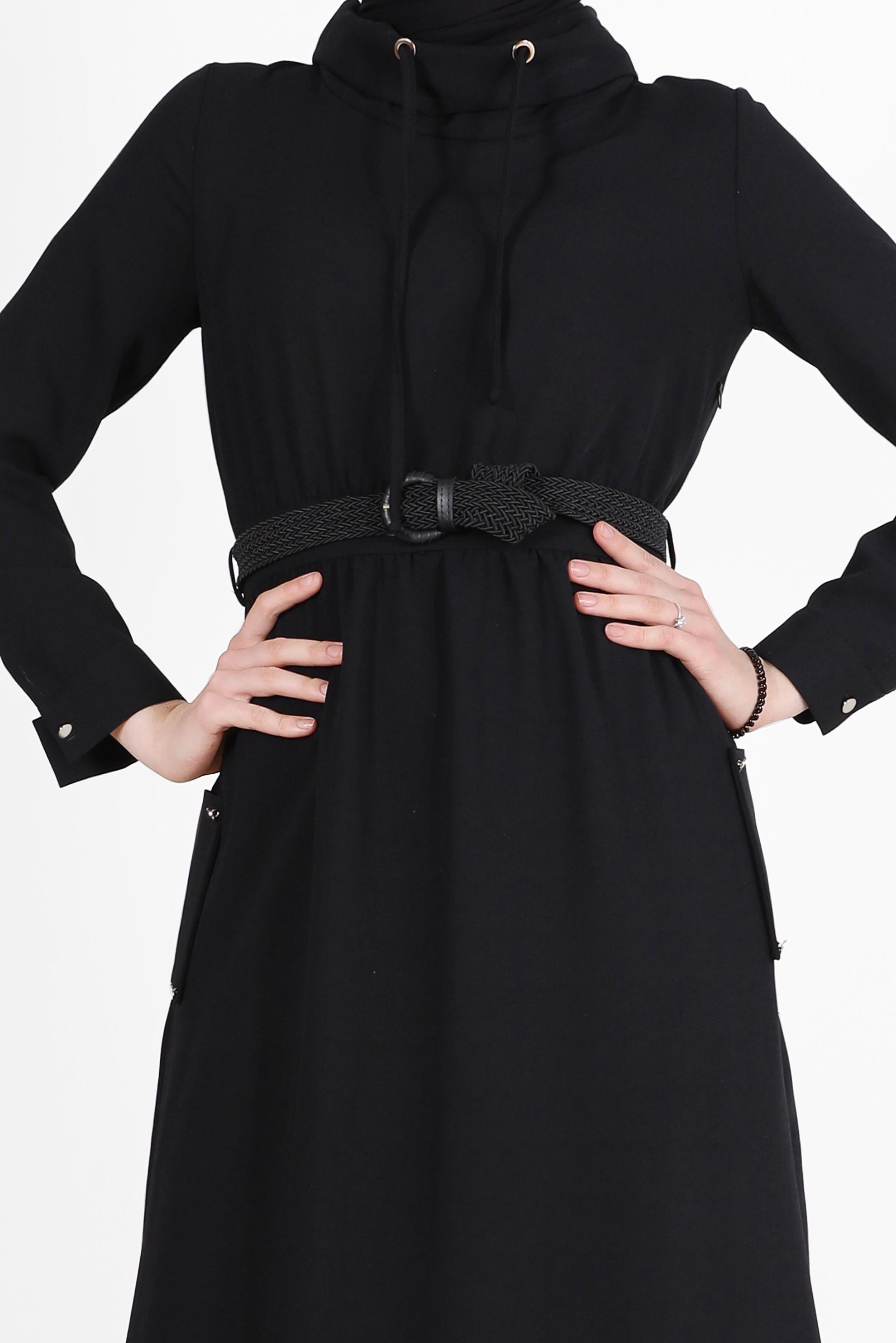 Tesettür giyim SİYAH KEMERLİ CEPLİ ELBİSE 42590