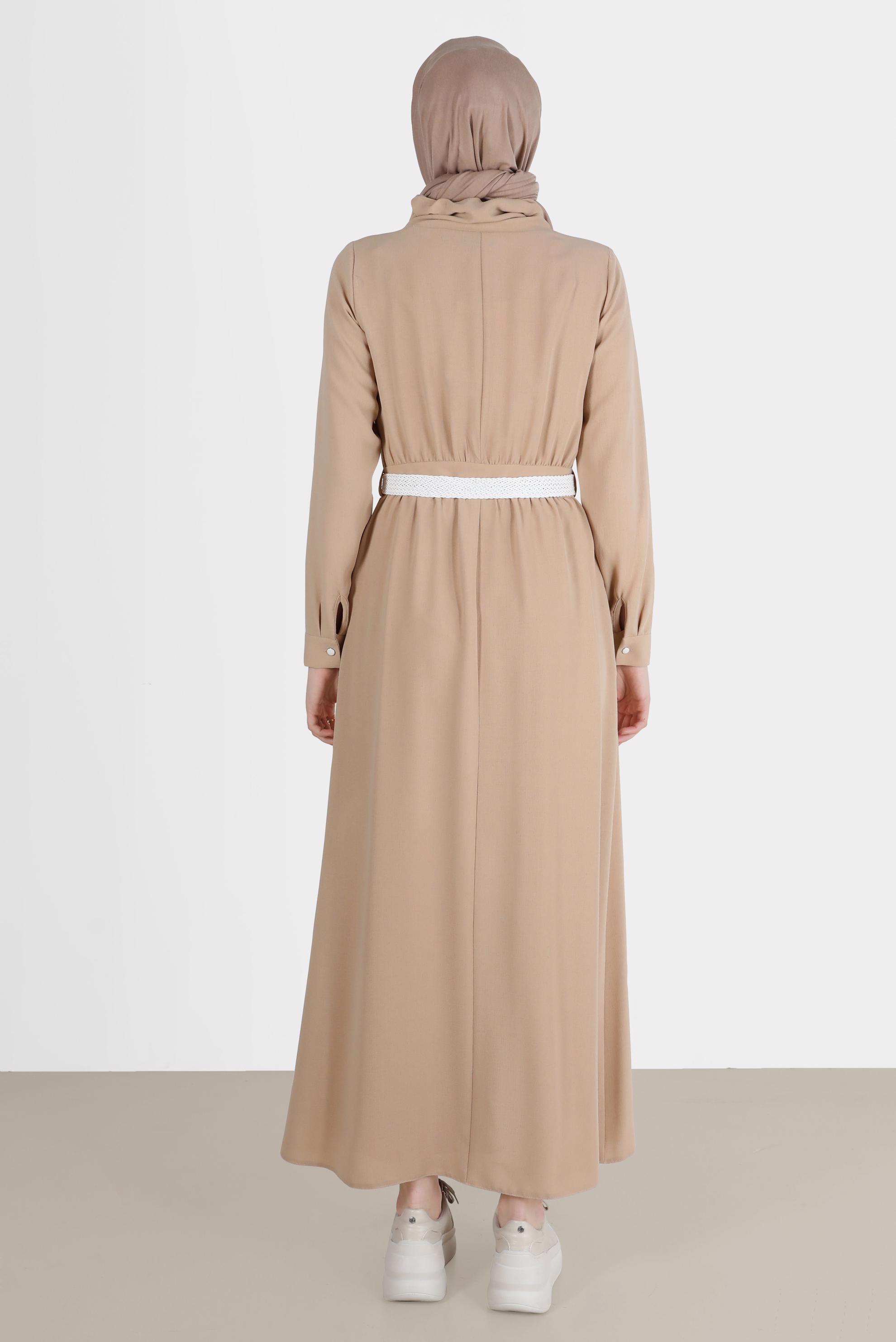 Tesettür giyim BEJ KEMERLİ CEPLİ ELBİSE 42590