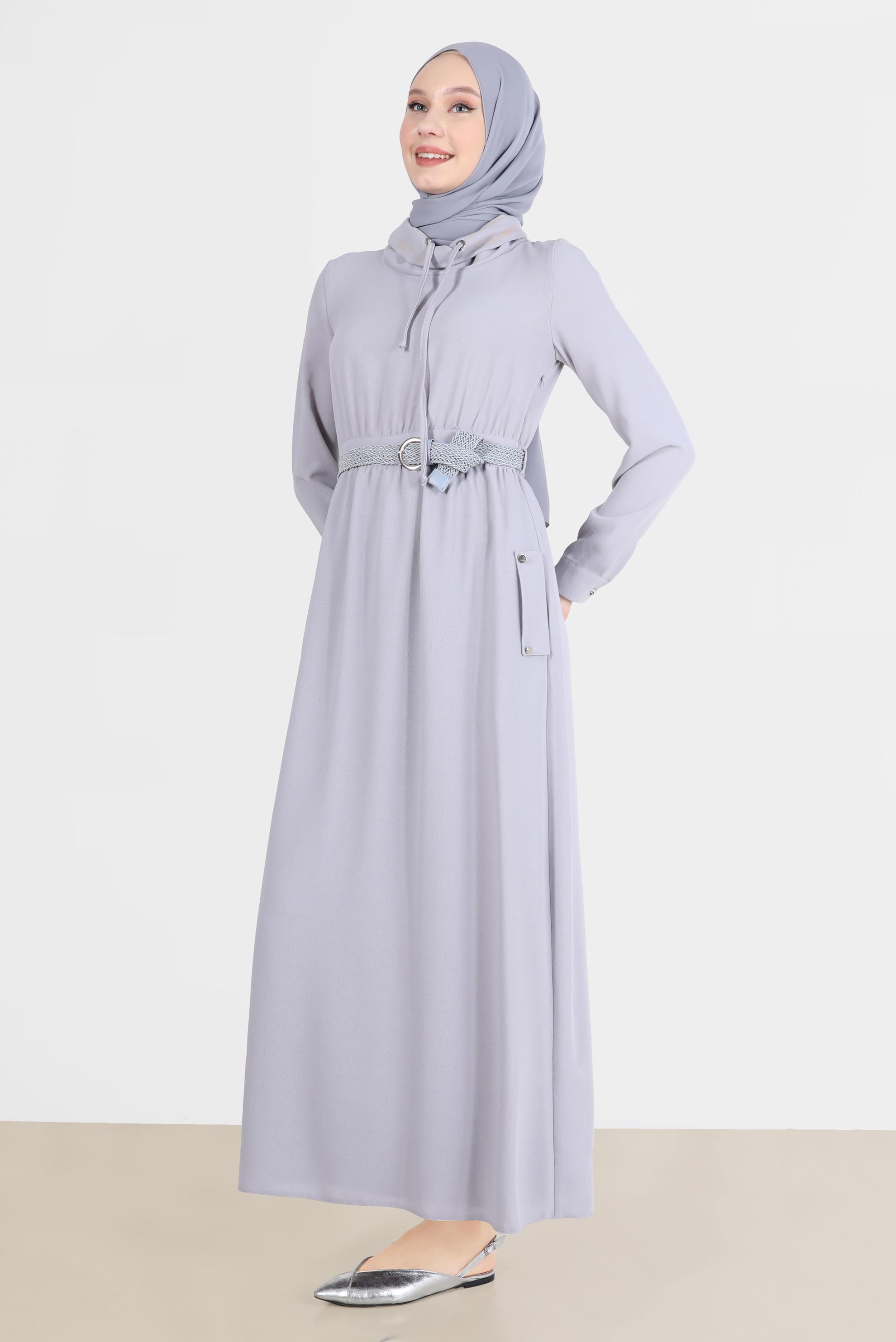 Tesettür giyim GRİ KEMERLİ CEPLİ ELBİSE 42590