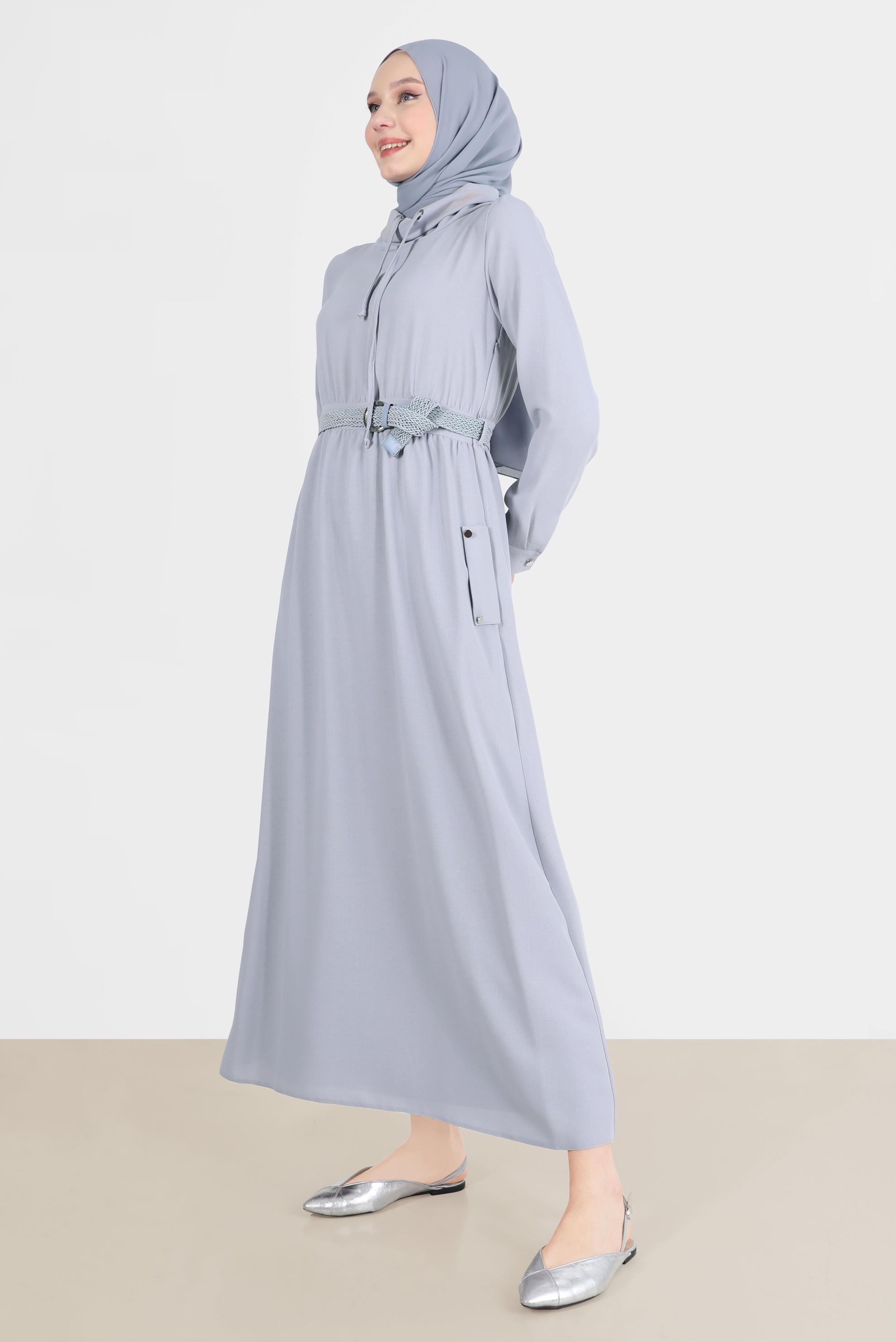 Tesettür giyim GRİ KEMERLİ CEPLİ ELBİSE 42590