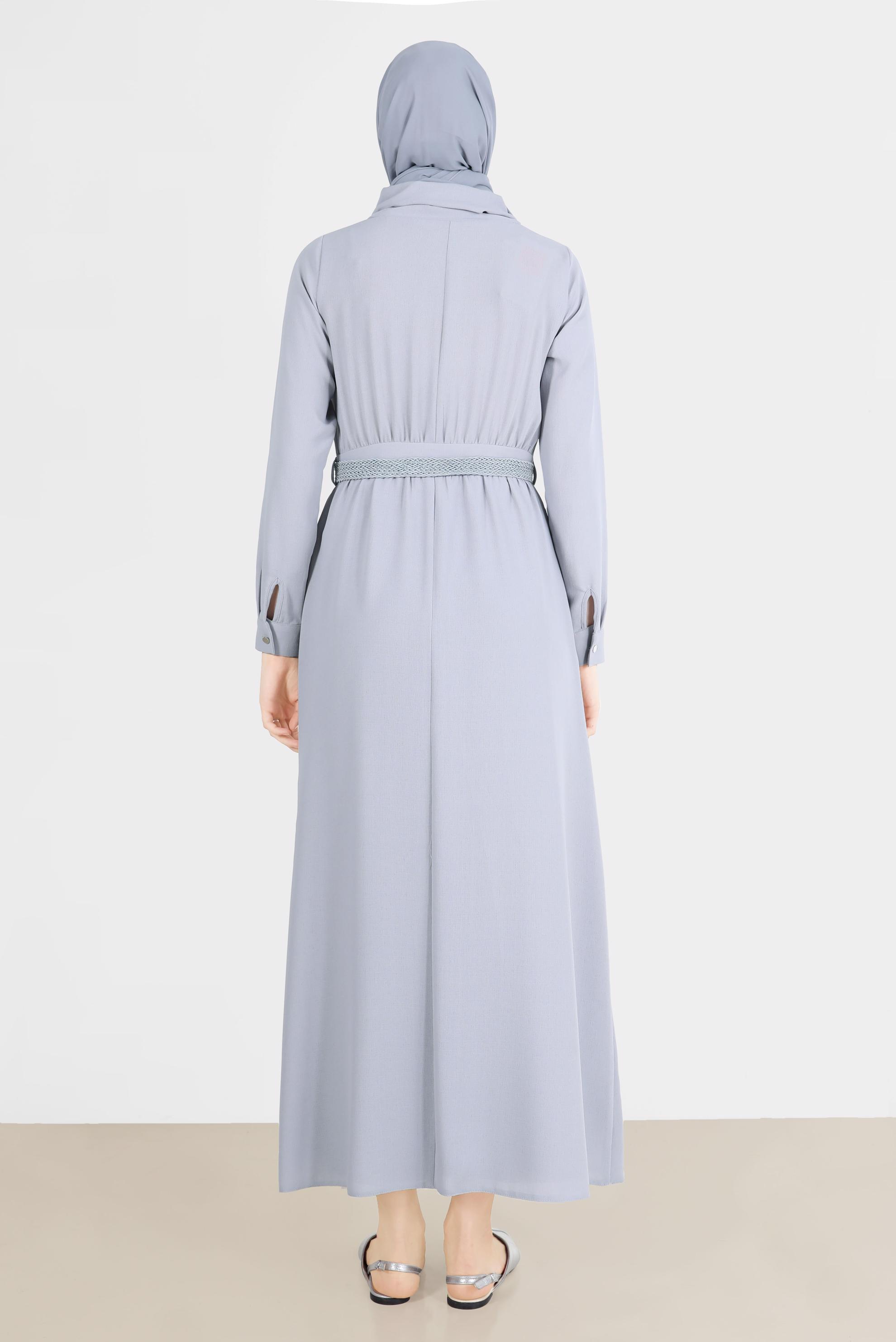 Tesettür giyim GRİ KEMERLİ CEPLİ ELBİSE 42590