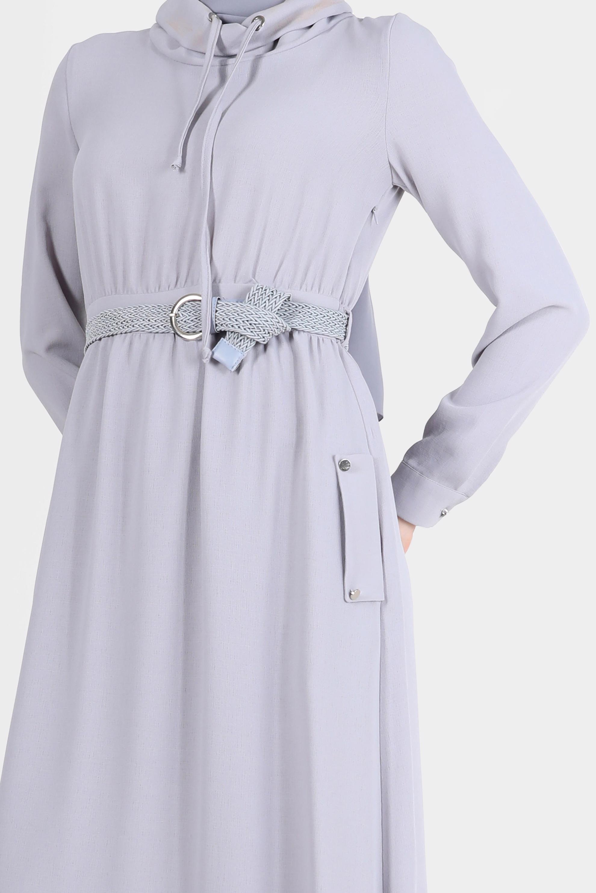 Tesettür giyim GRİ KEMERLİ CEPLİ ELBİSE 42590