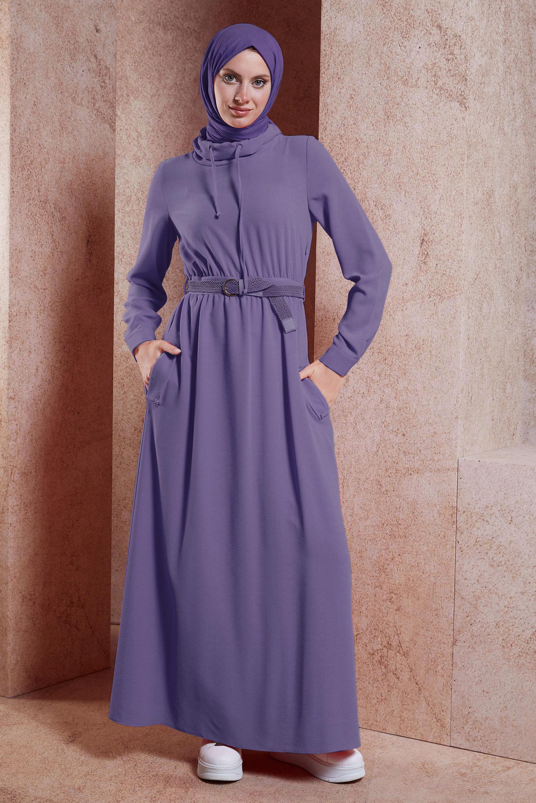 Tesettür giyim MOR KEMERLİ CEPLİ ELBİSE 42590
