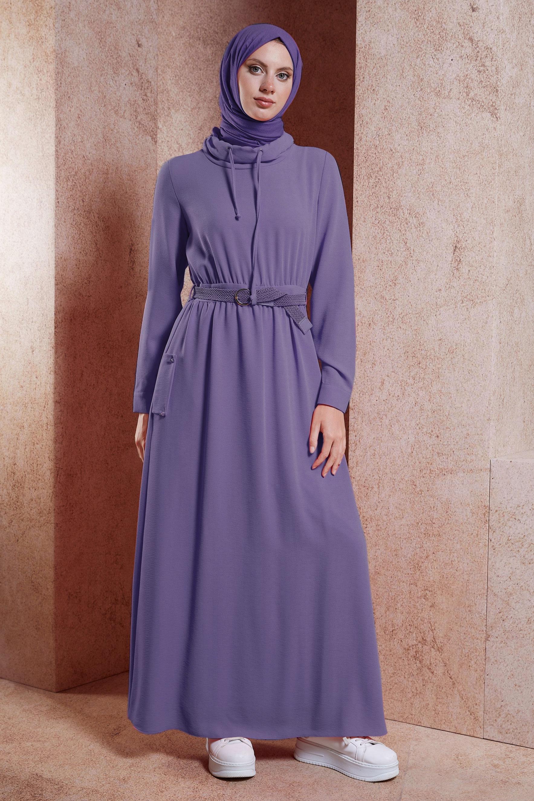 Tesettür giyim MOR KEMERLİ CEPLİ ELBİSE 42590