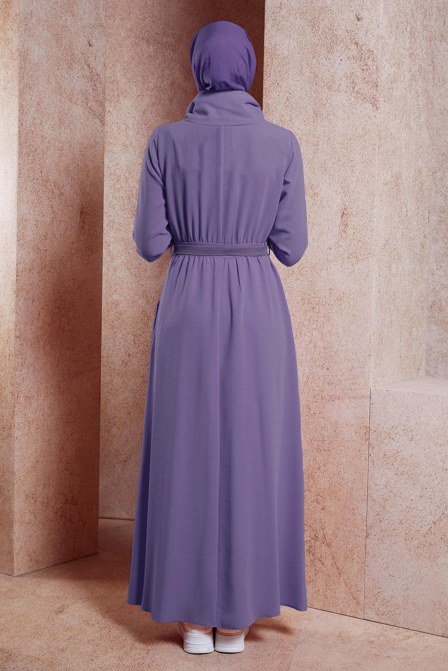 Tesettür giyim MOR KEMERLİ CEPLİ ELBİSE 42590
