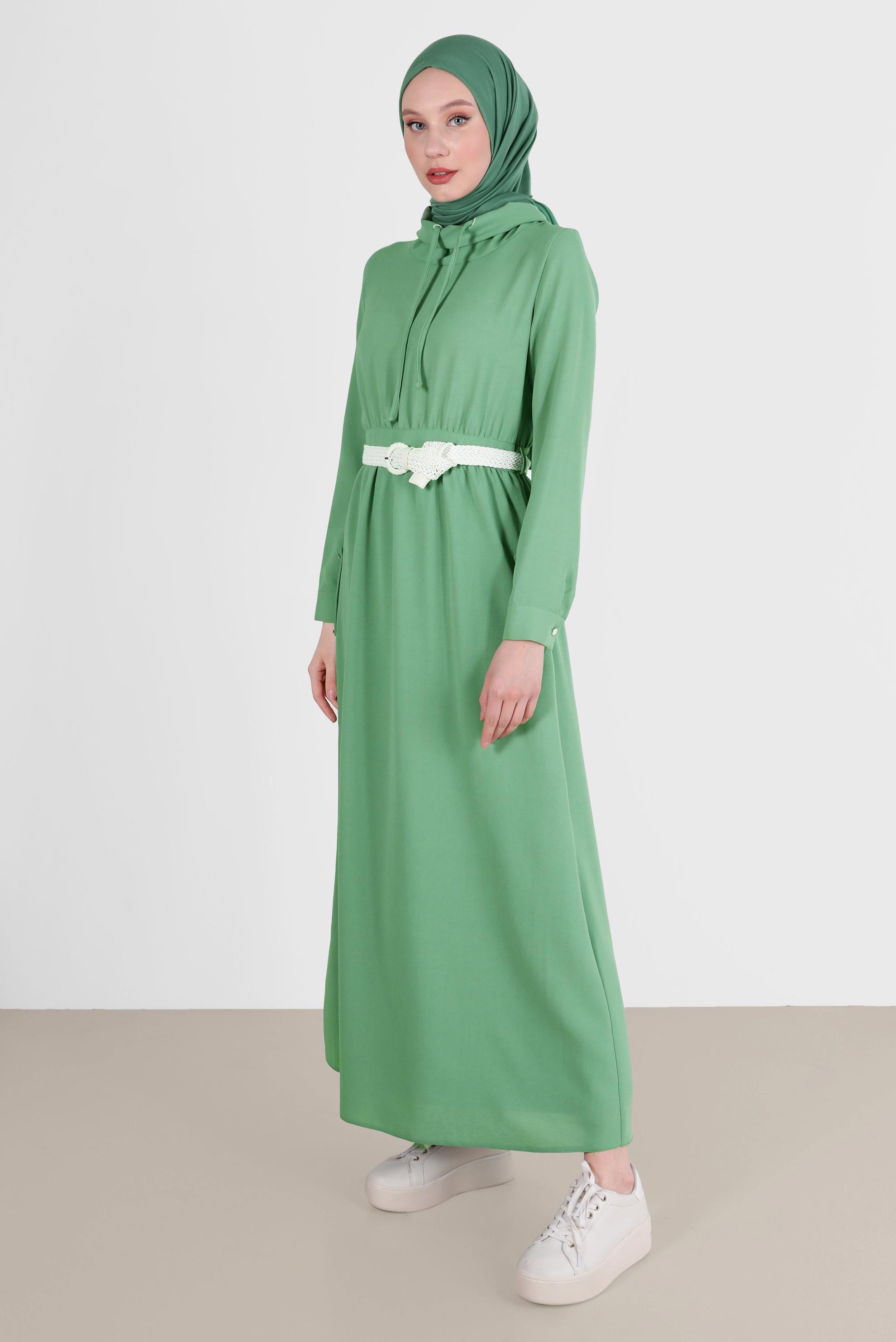 Tesettür giyim YEŞİL KEMERLİ CEPLİ ELBİSE 42590