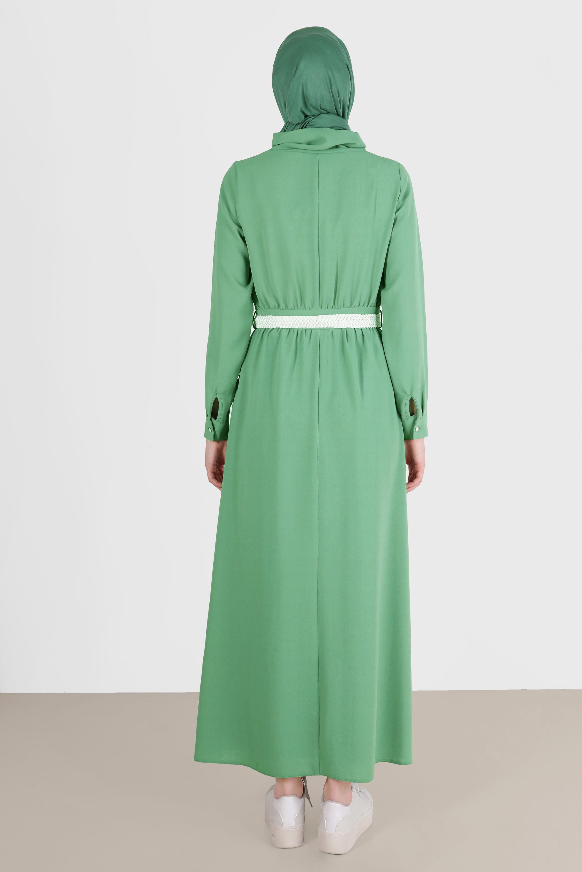 Tesettür giyim YEŞİL KEMERLİ CEPLİ ELBİSE 42590