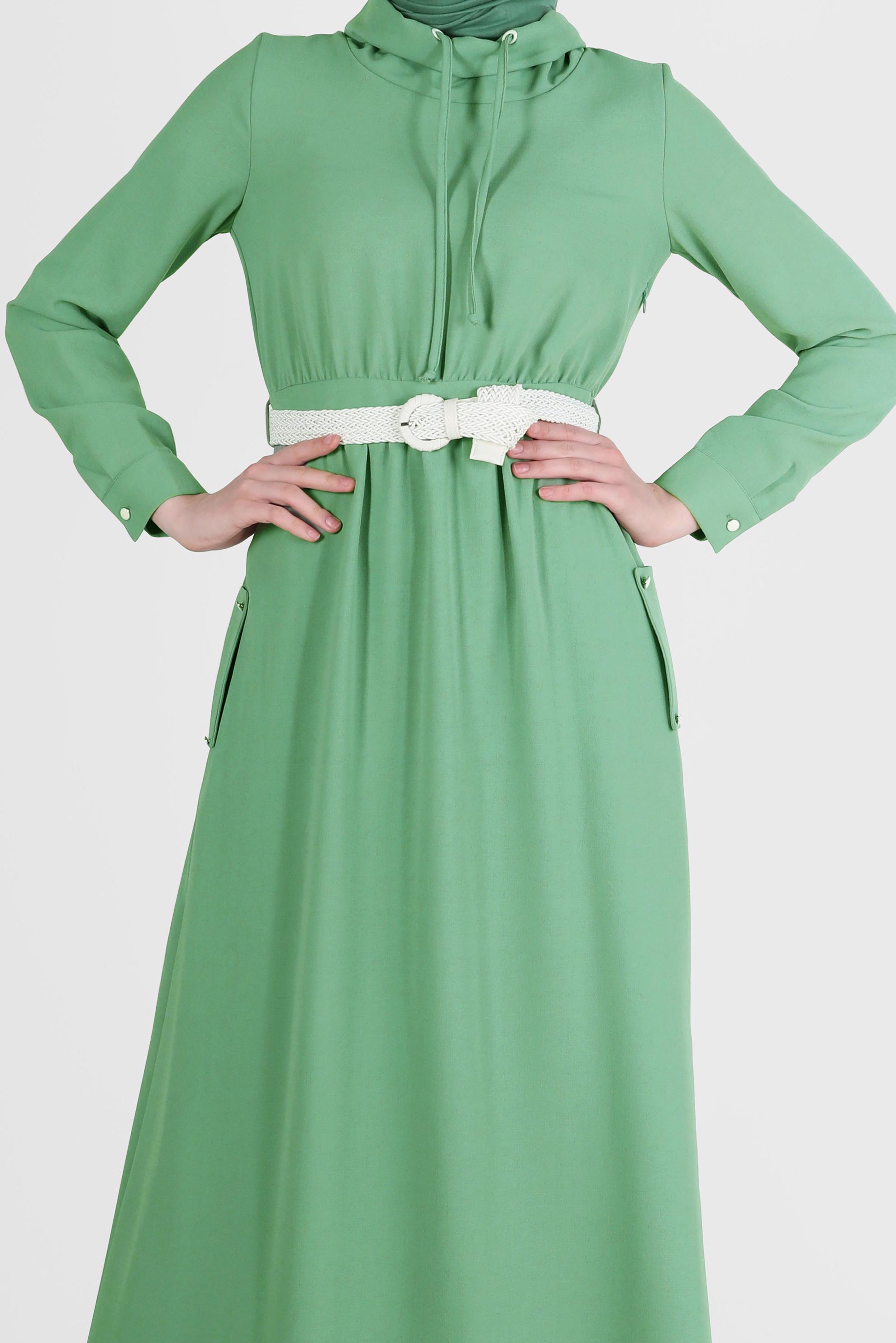 Tesettür giyim YEŞİL KEMERLİ CEPLİ ELBİSE 42590
