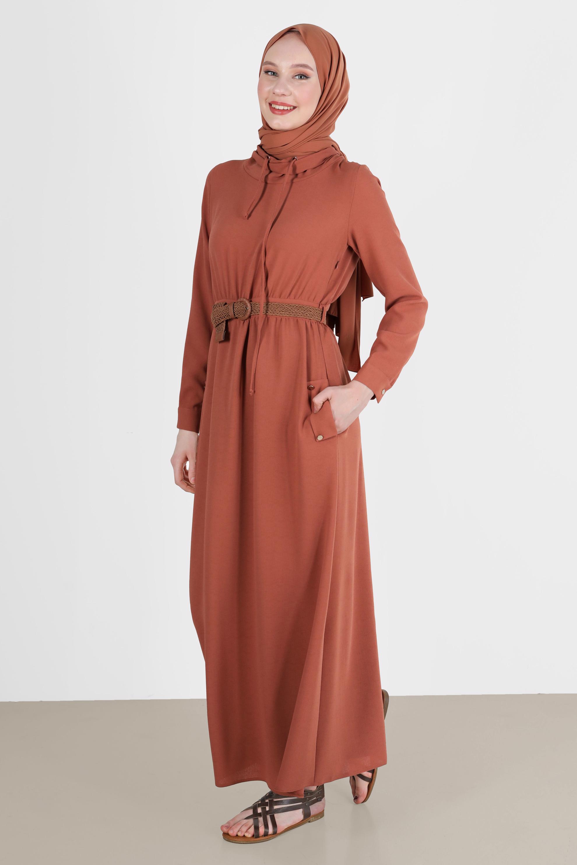 Tesettür giyim TURUNCU KEMERLİ CEPLİ ELBİSE 42590