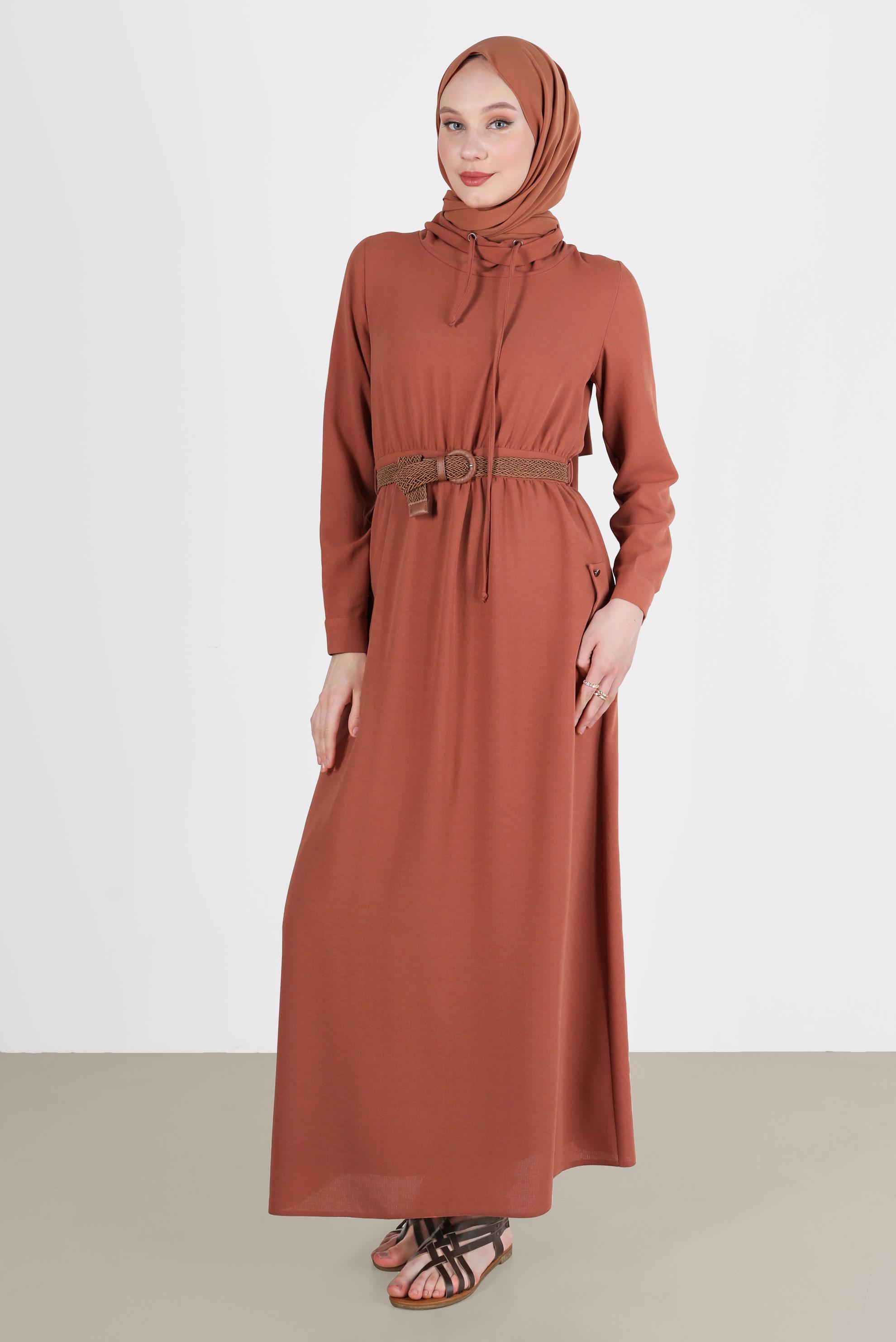 Tesettür giyim TURUNCU KEMERLİ CEPLİ ELBİSE 42590