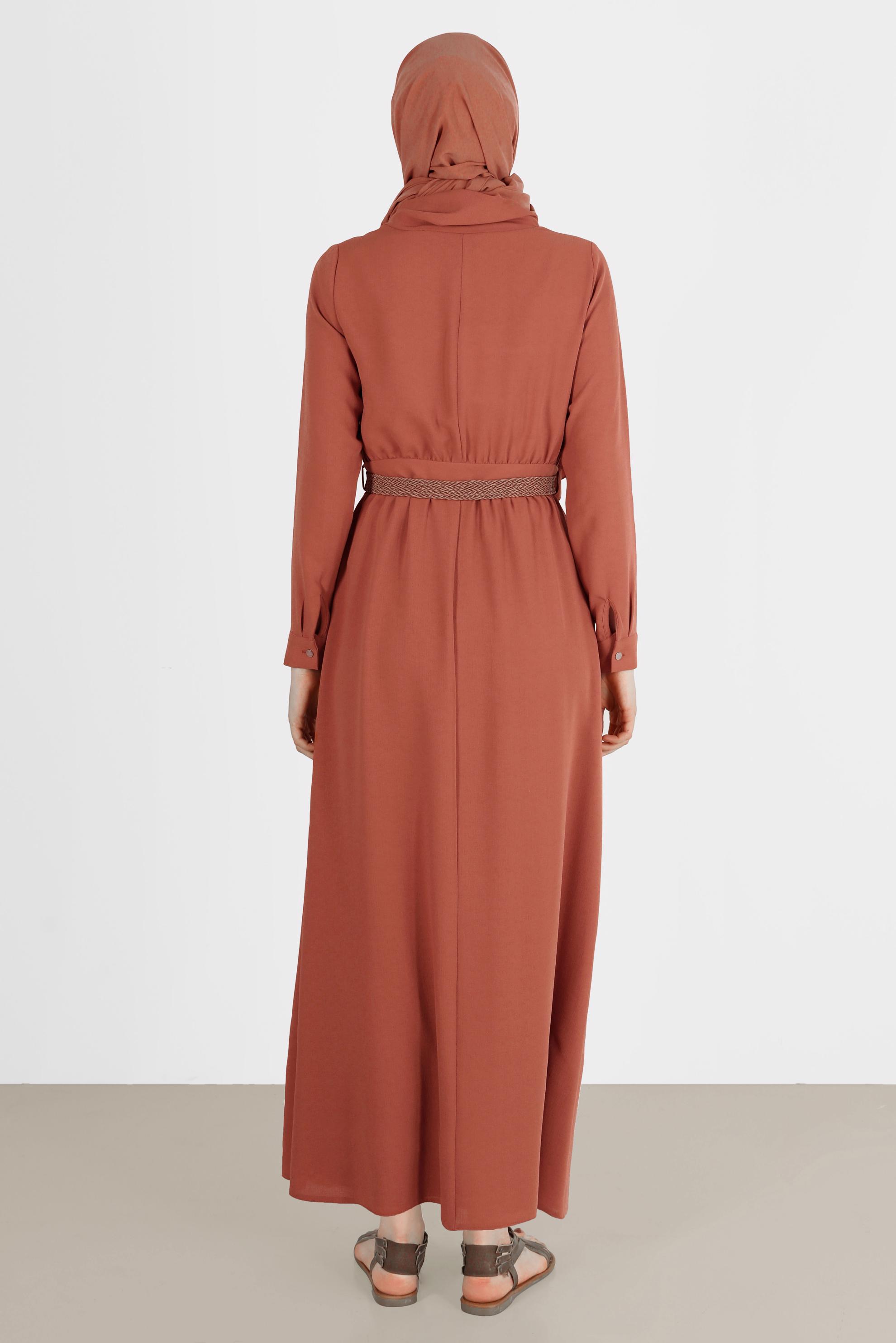 Tesettür giyim TURUNCU KEMERLİ CEPLİ ELBİSE 42590