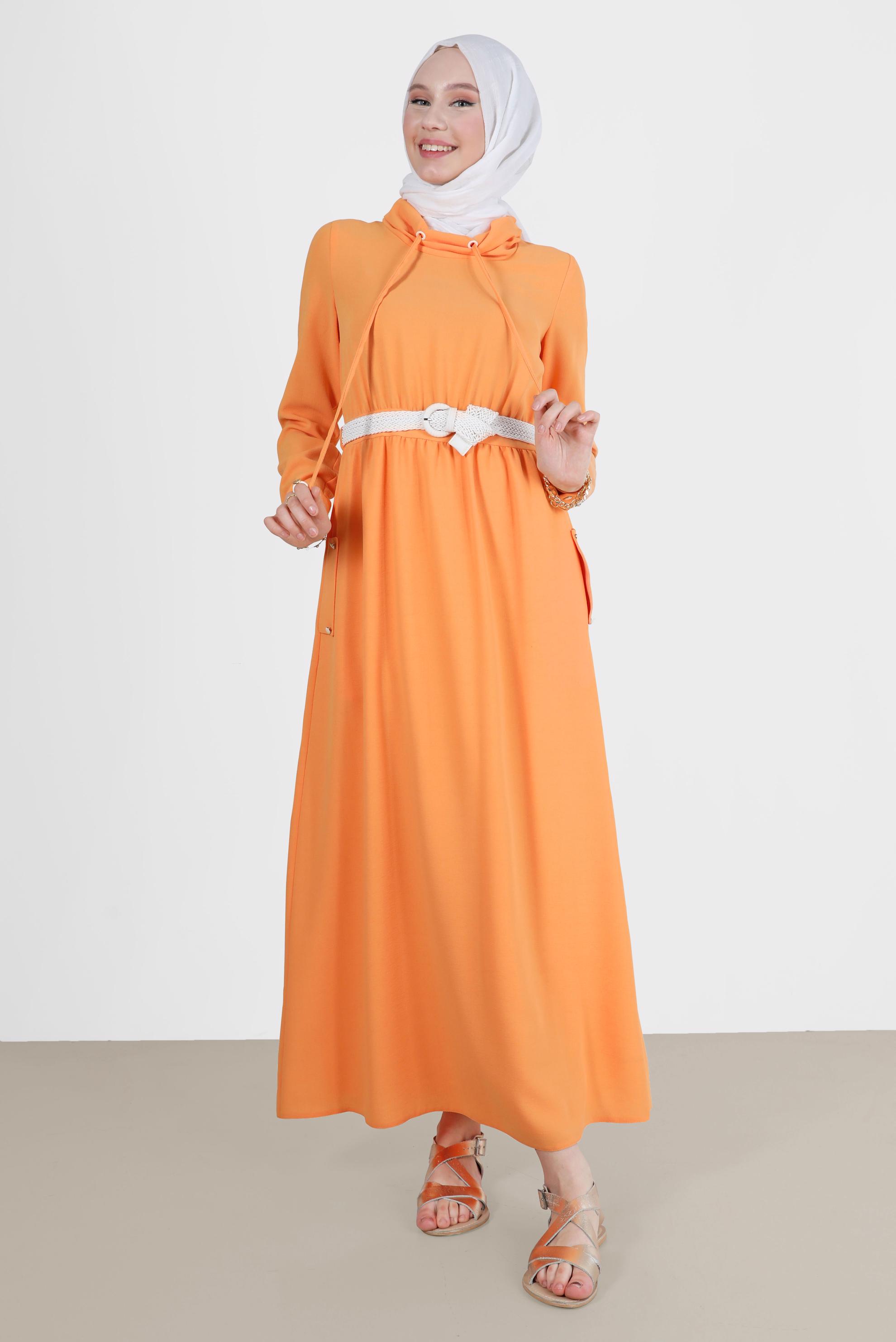 Tesettür giyim TURUNCU KEMERLİ CEPLİ ELBİSE 42590