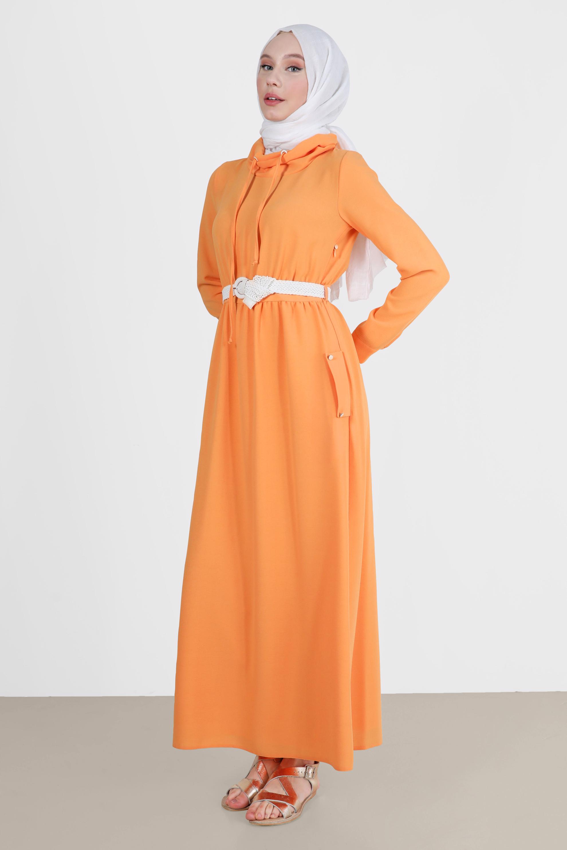 Tesettür giyim TURUNCU KEMERLİ CEPLİ ELBİSE 42590