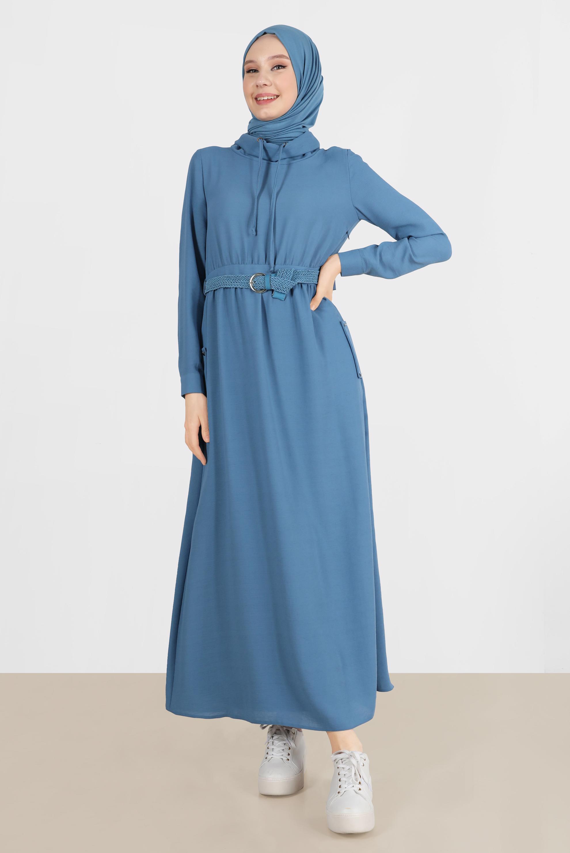 Tesettür giyim MAVİ KEMERLİ CEPLİ ELBİSE 42590