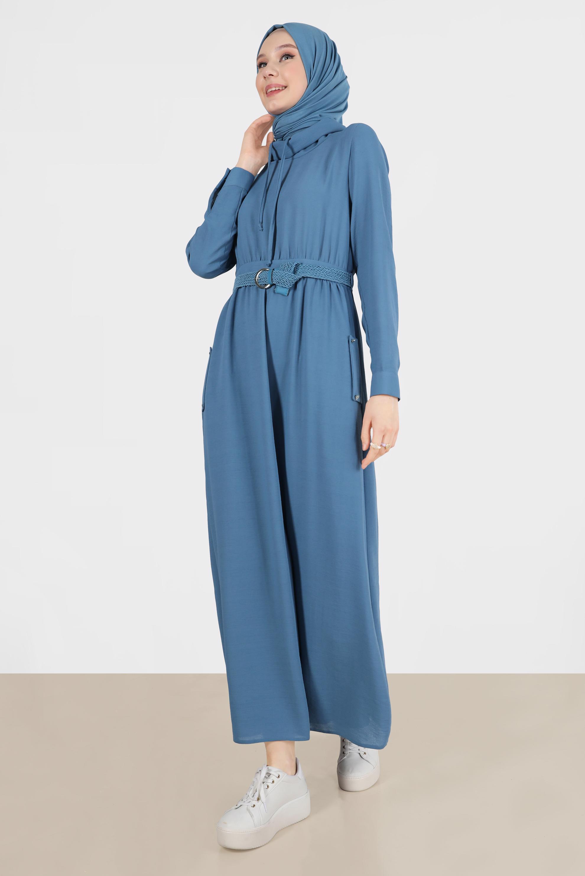Tesettür giyim MAVİ KEMERLİ CEPLİ ELBİSE 42590