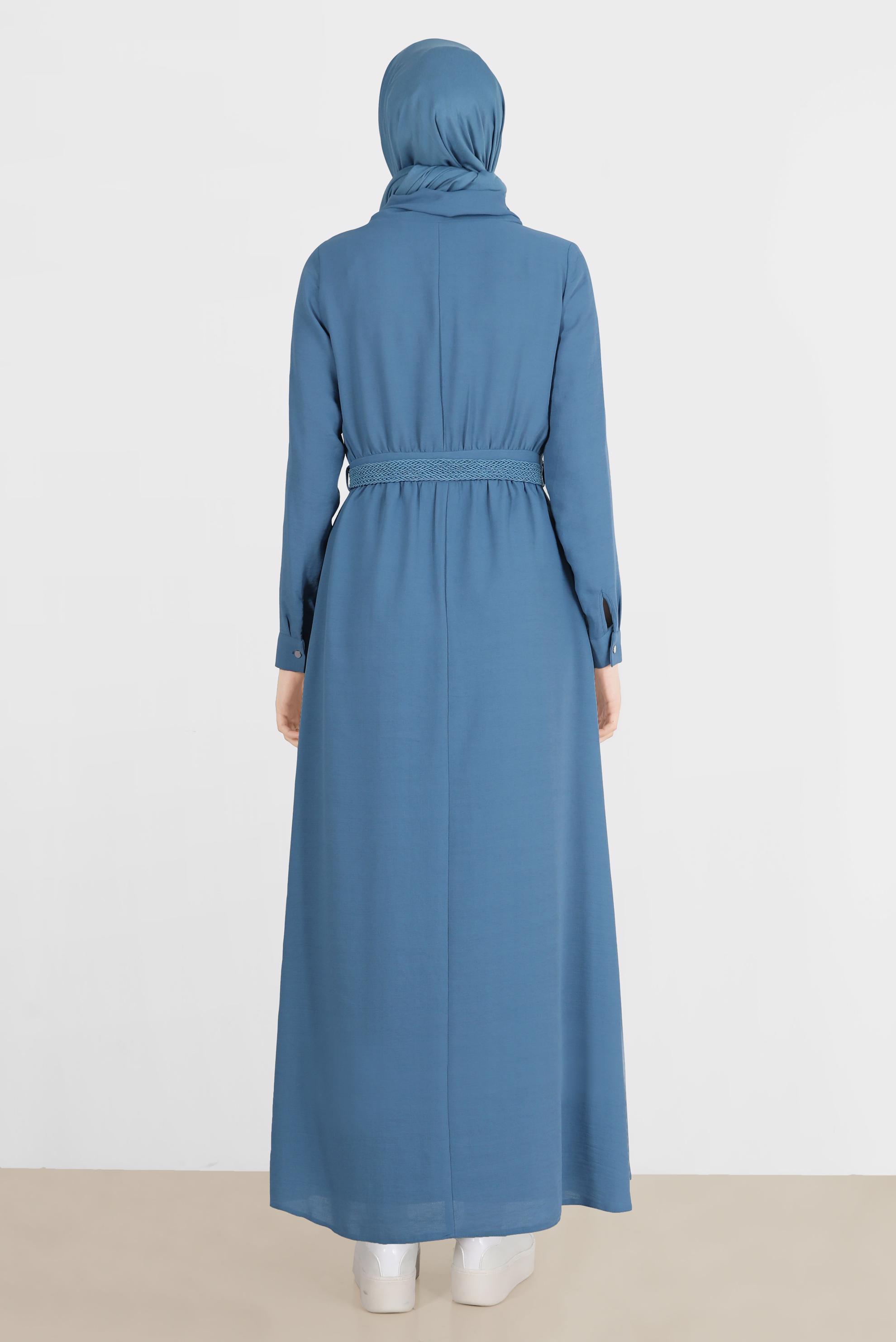Tesettür giyim MAVİ KEMERLİ CEPLİ ELBİSE 42590