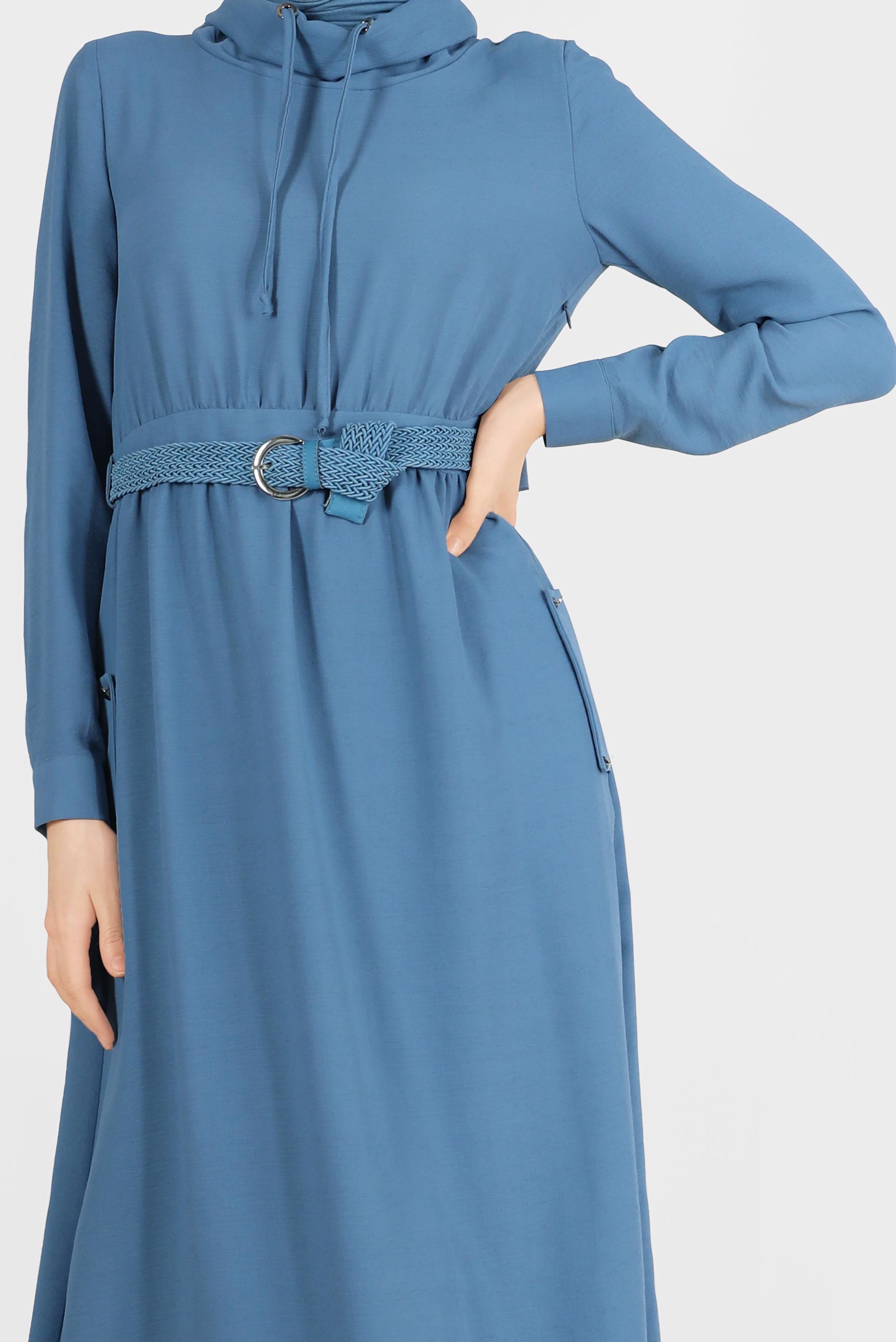 Tesettür giyim MAVİ KEMERLİ CEPLİ ELBİSE 42590