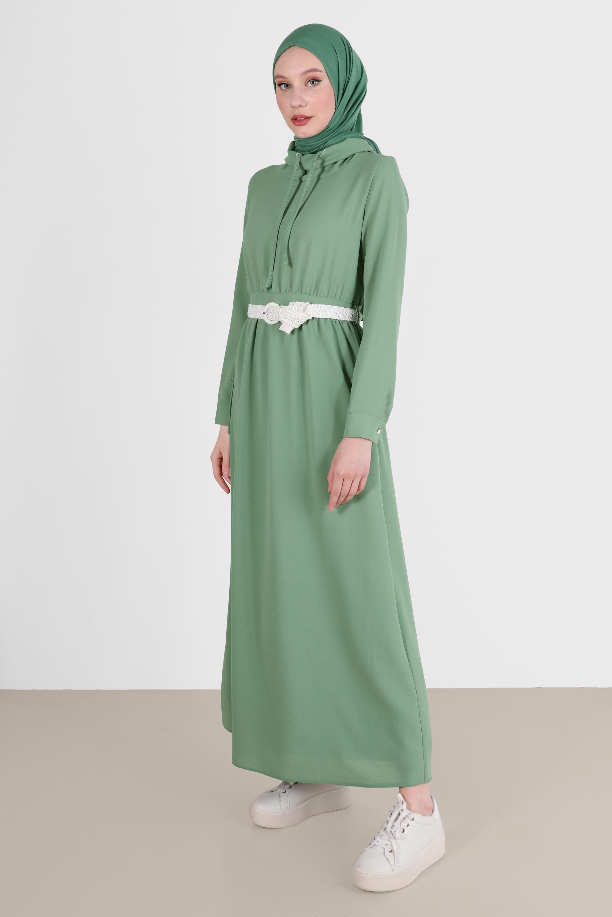 Tesettür giyim YEŞİL KEMERLİ CEPLİ ELBİSE 42590