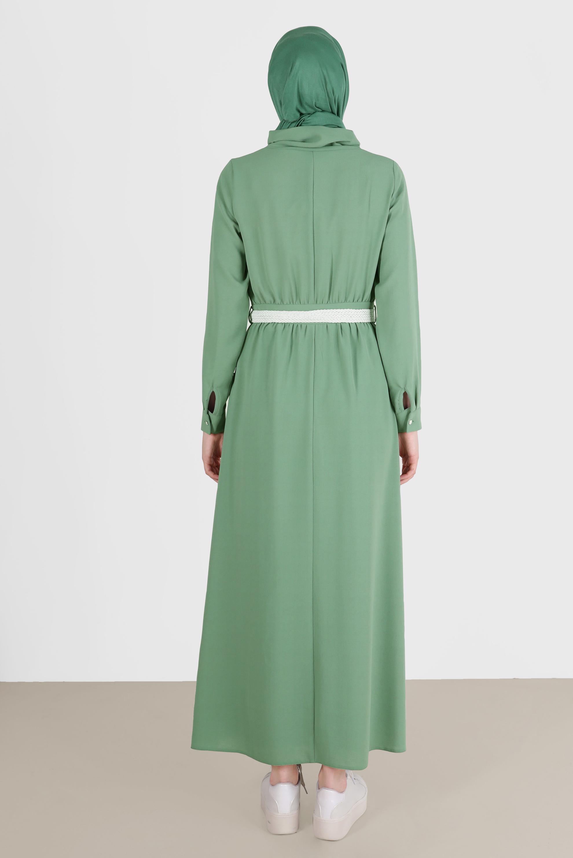Tesettür giyim YEŞİL KEMERLİ CEPLİ ELBİSE 42590