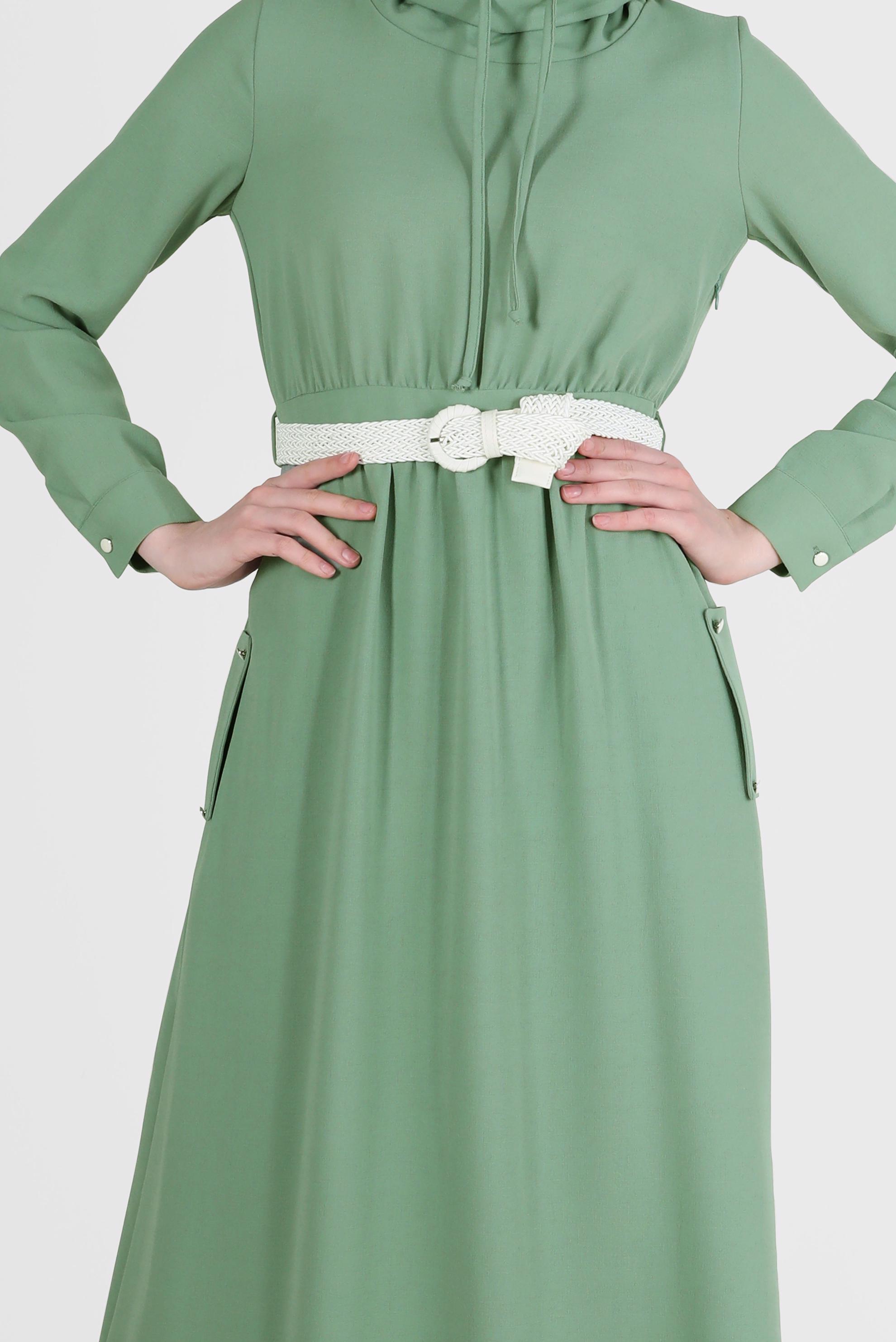 Tesettür giyim YEŞİL KEMERLİ CEPLİ ELBİSE 42590