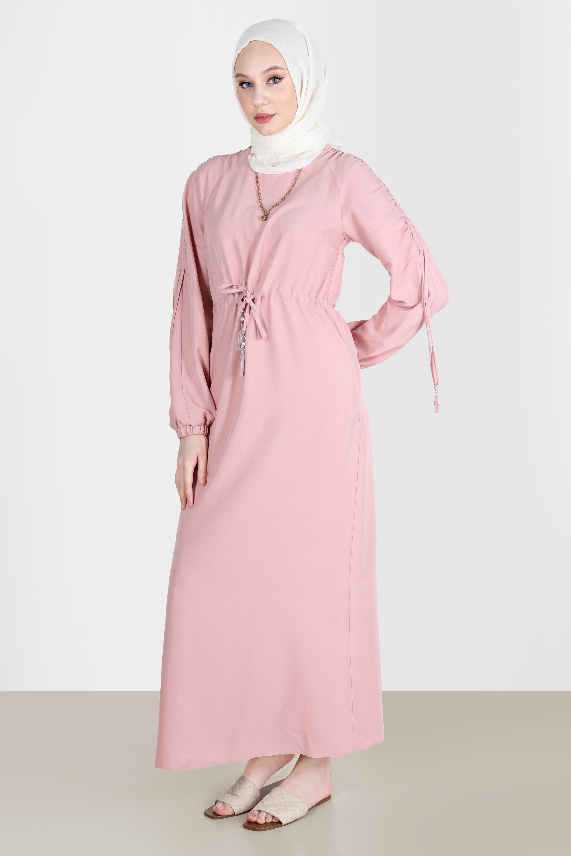 Tesettür giyim PUDRA KOLLARI VE BELİ BÜZGÜ DETAYLI ELBİSE 42591 