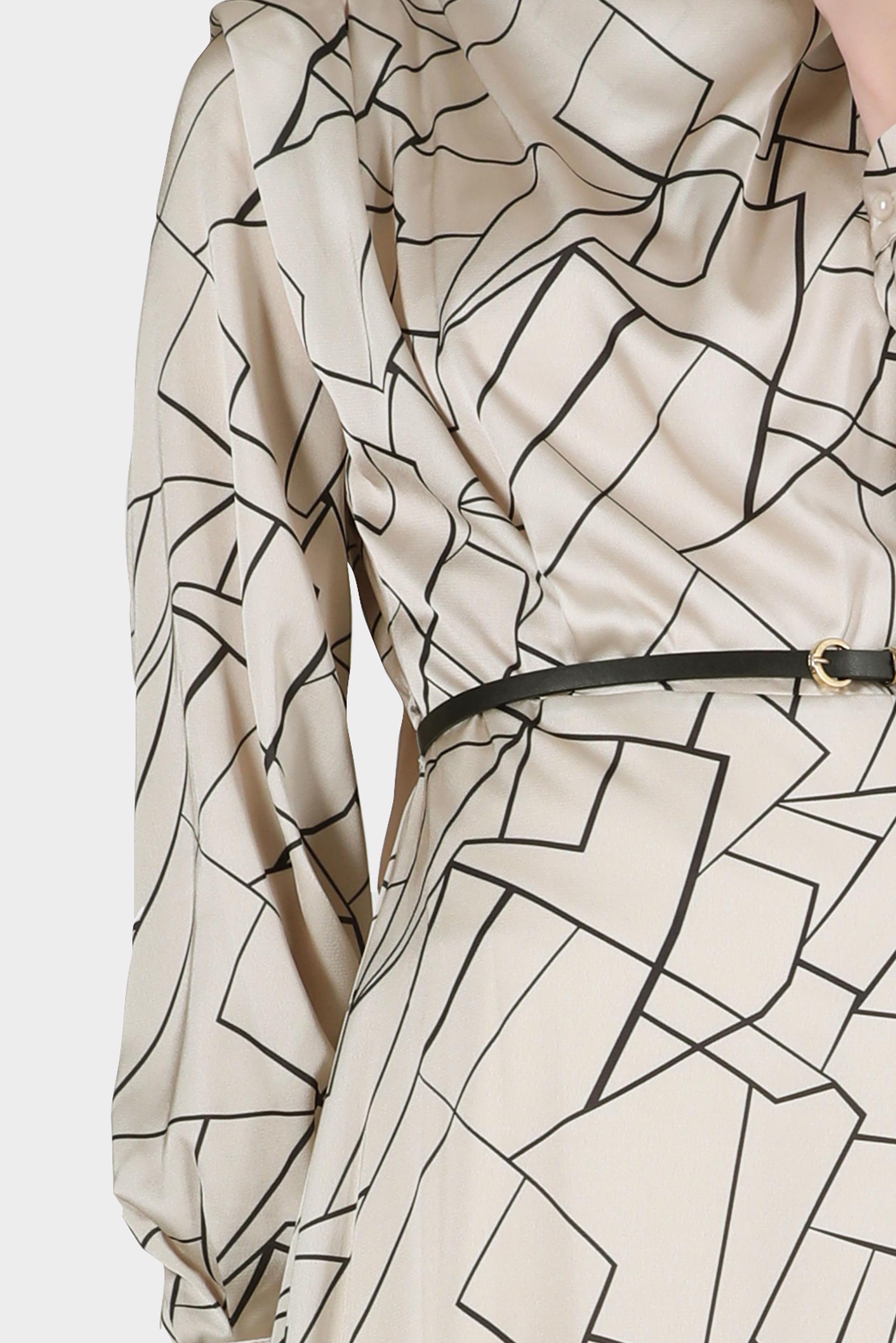 Tesettür giyim BEJ GEOMETRİK ŞEKİLLİ VATKALI SATEN ELBİSE 42609 