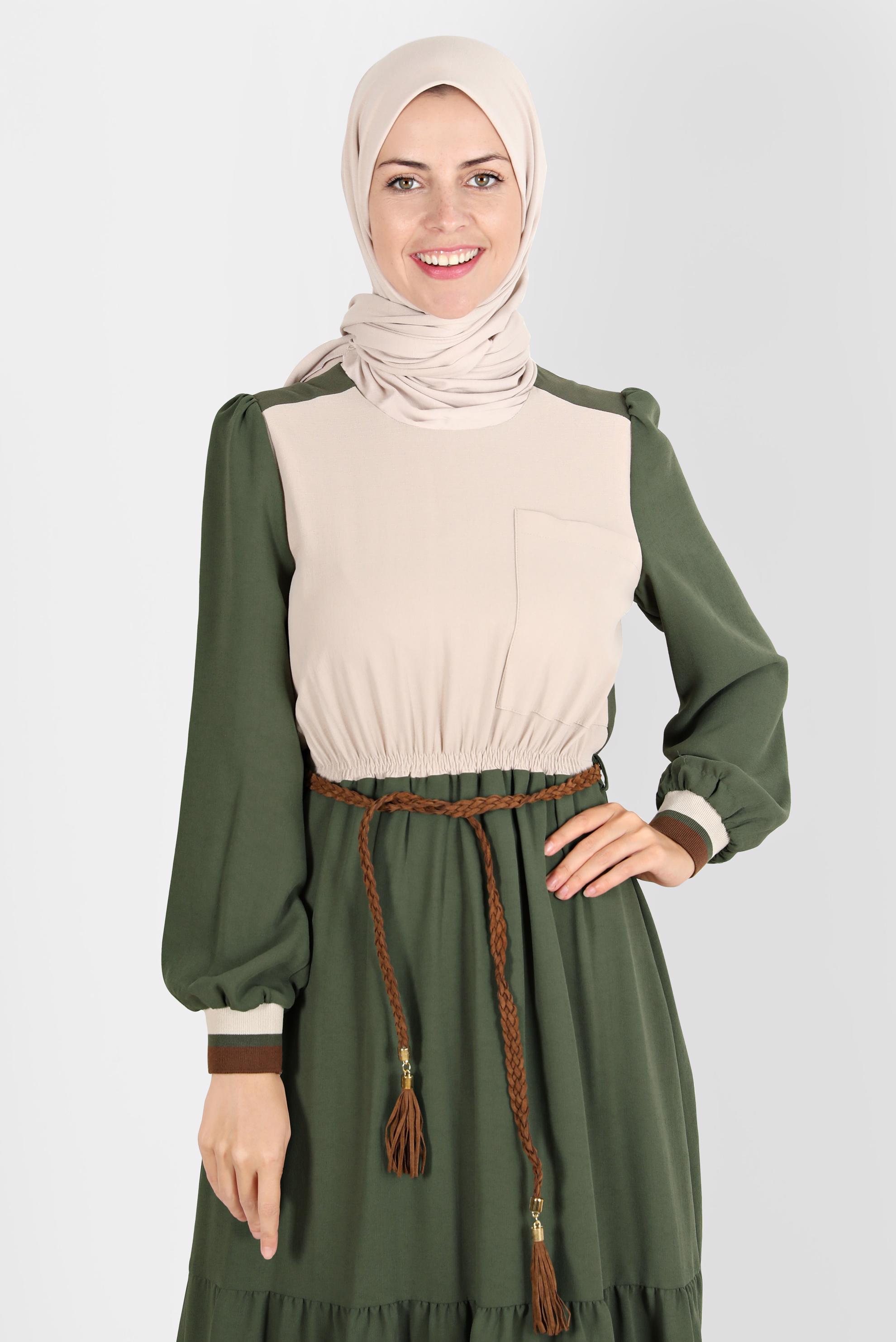 Tesettür giyim HAKİ İKİ RENKLİ BELİ LASTİKLİ ELBİSE 42610 