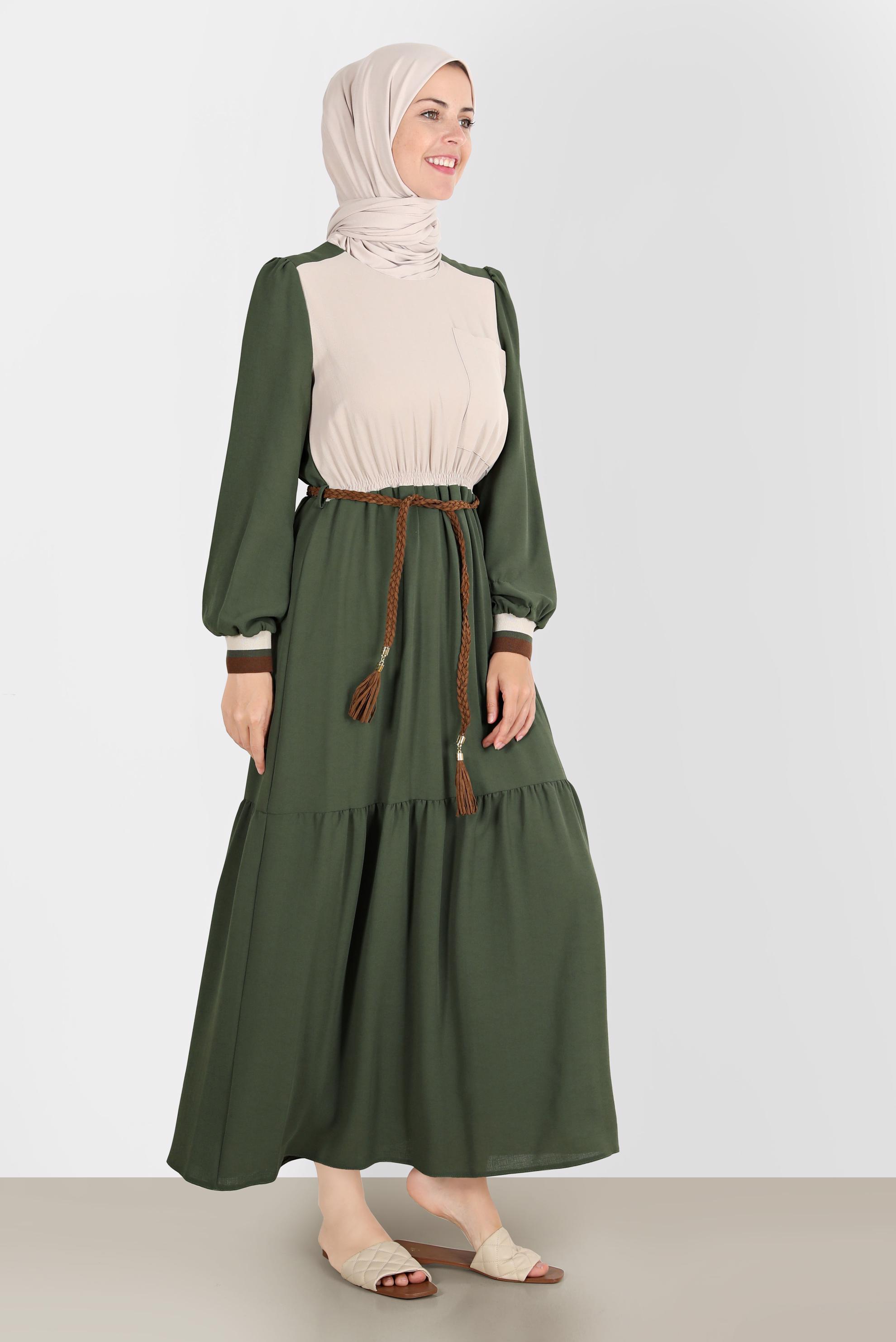 Tesettür giyim HAKİ İKİ RENKLİ BELİ LASTİKLİ ELBİSE 42610 