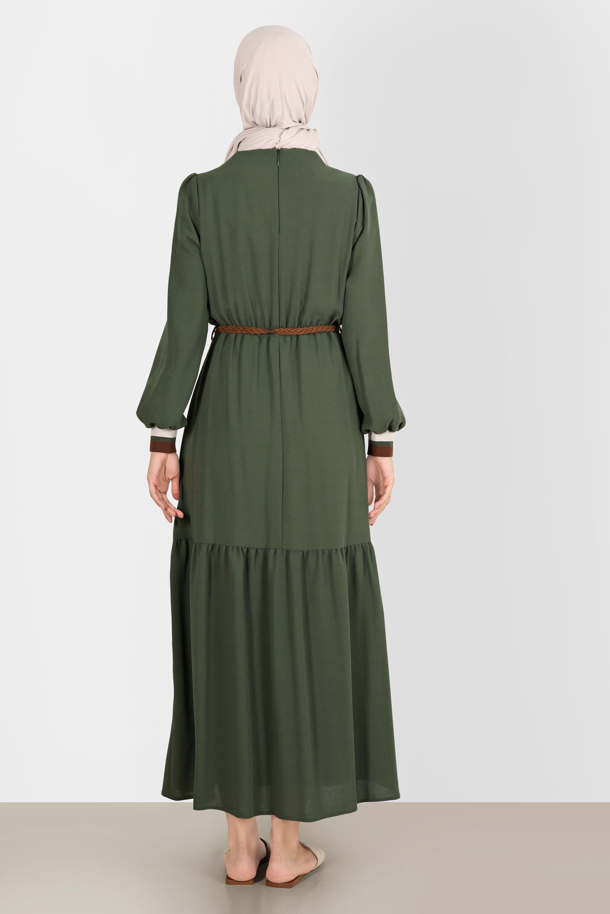 Tesettür giyim HAKİ İKİ RENKLİ BELİ LASTİKLİ ELBİSE 42610 